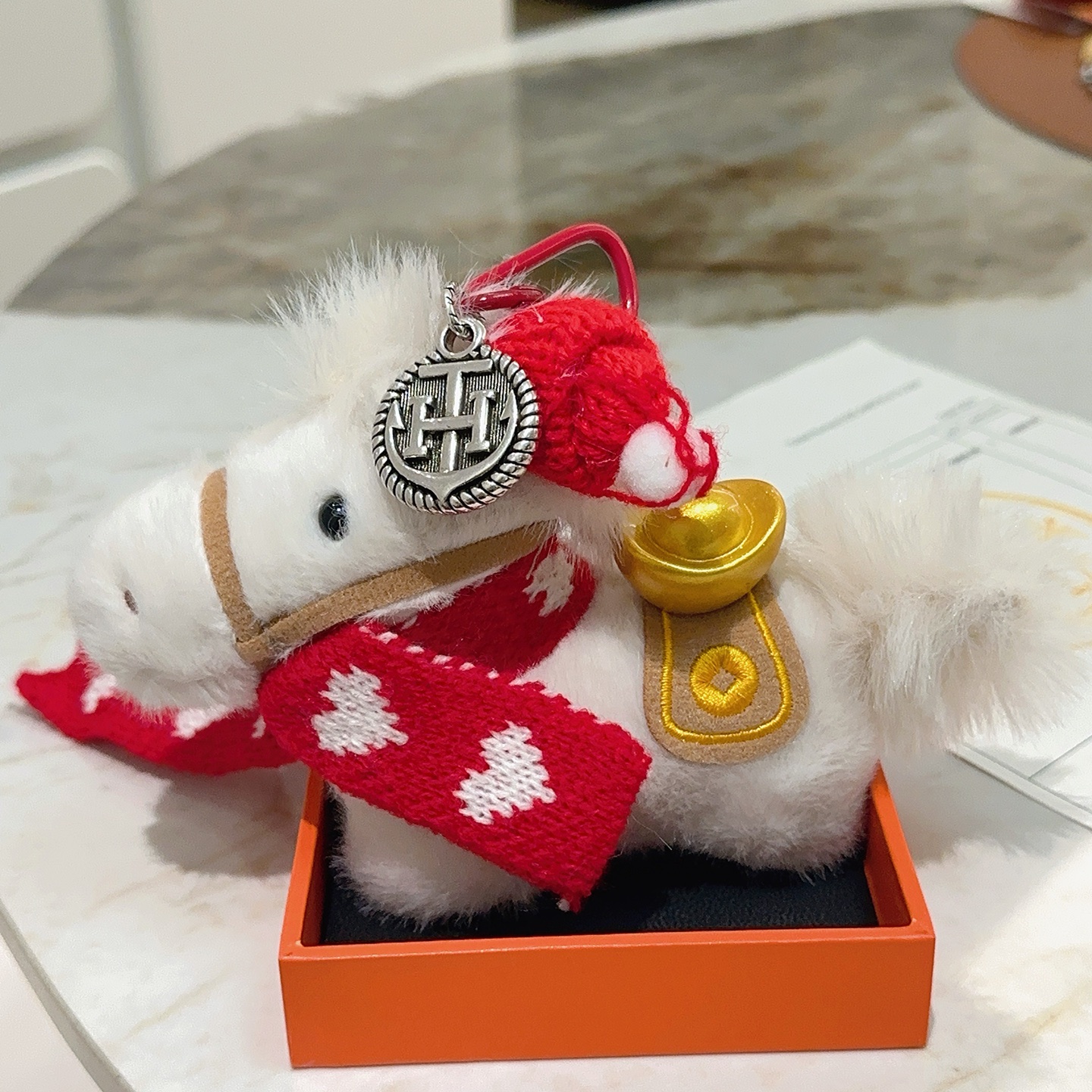 Hermes Festive Horse Charm pendant white plush red knit silver-tone metal gold-tone accent tan trim 12cm