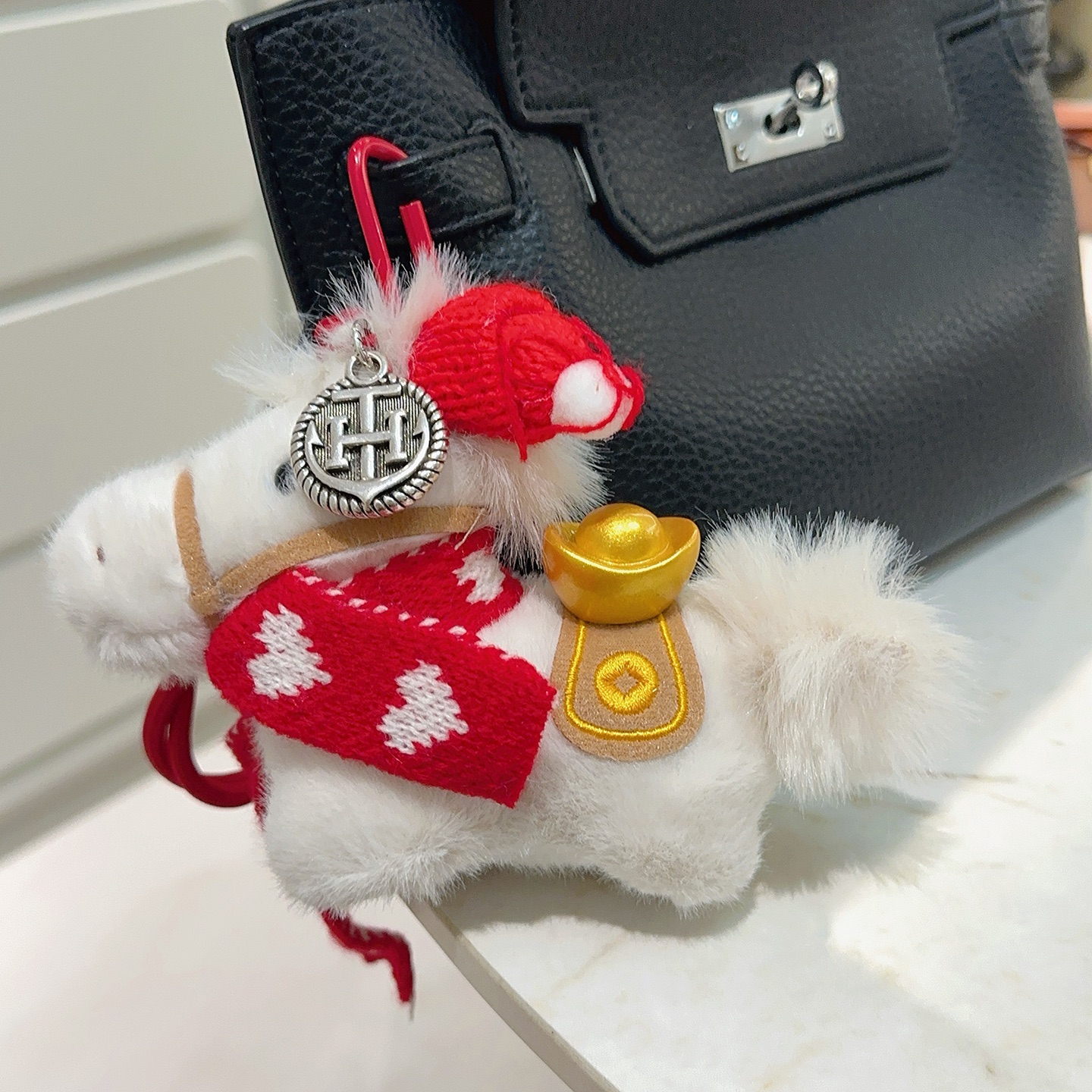 Hermes Festive Horse Charm pendant white plush red knit silver-tone metal gold-tone accent tan trim 12cm