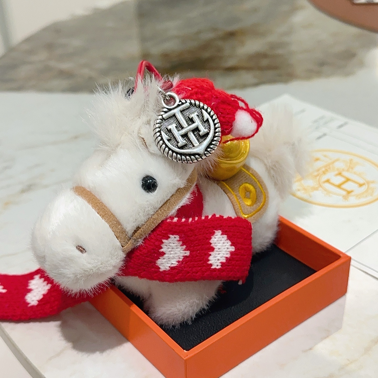 Hermes Festive Horse Charm pendant white plush red knit silver-tone metal gold-tone accent tan trim 12cm