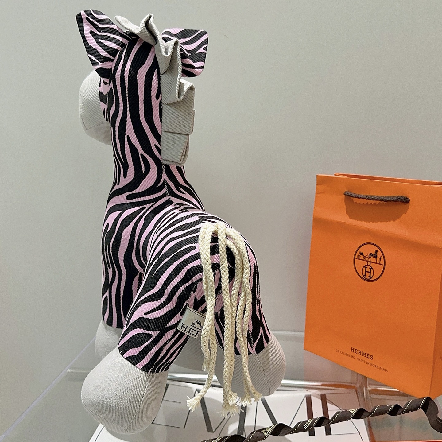 Hermes Zebra Plush brooch light gray pink black cream white 25cm