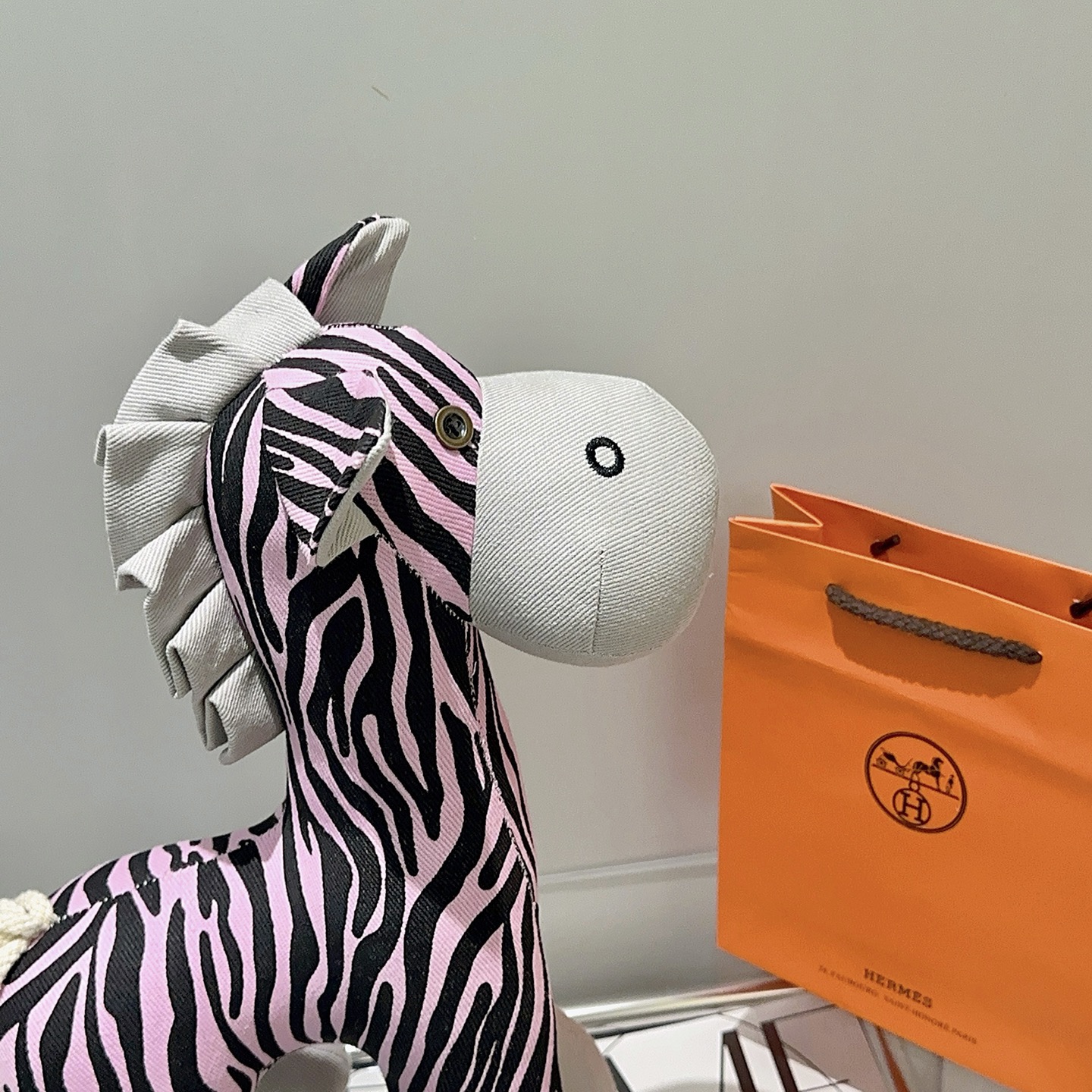Hermes Zebra Plush brooch light gray pink black cream white 25cm