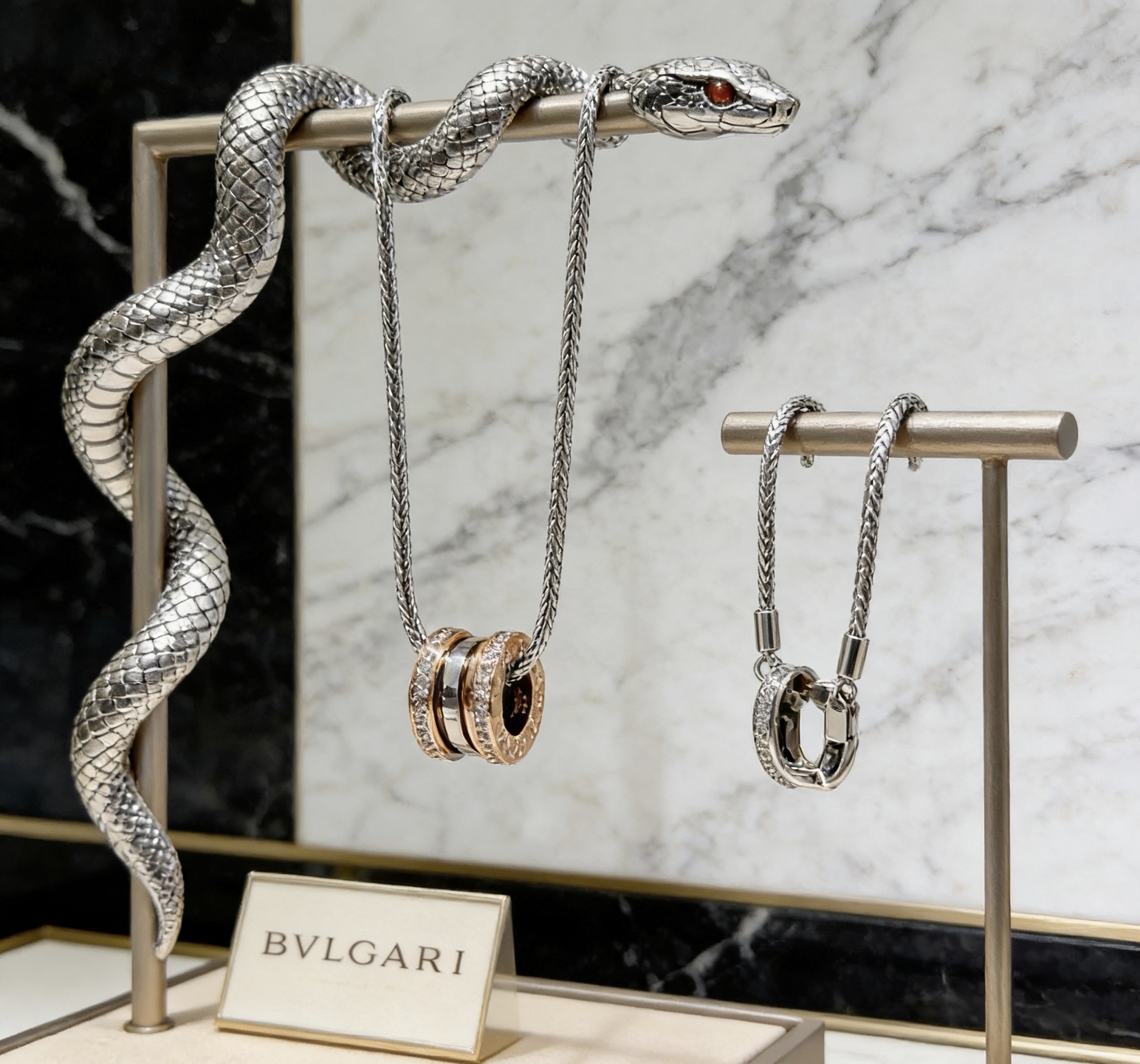 Bvlgari B zero1 necklace Silver-toned stainless steel 18k rose gold clear pave diamonds black ceramic 60cm