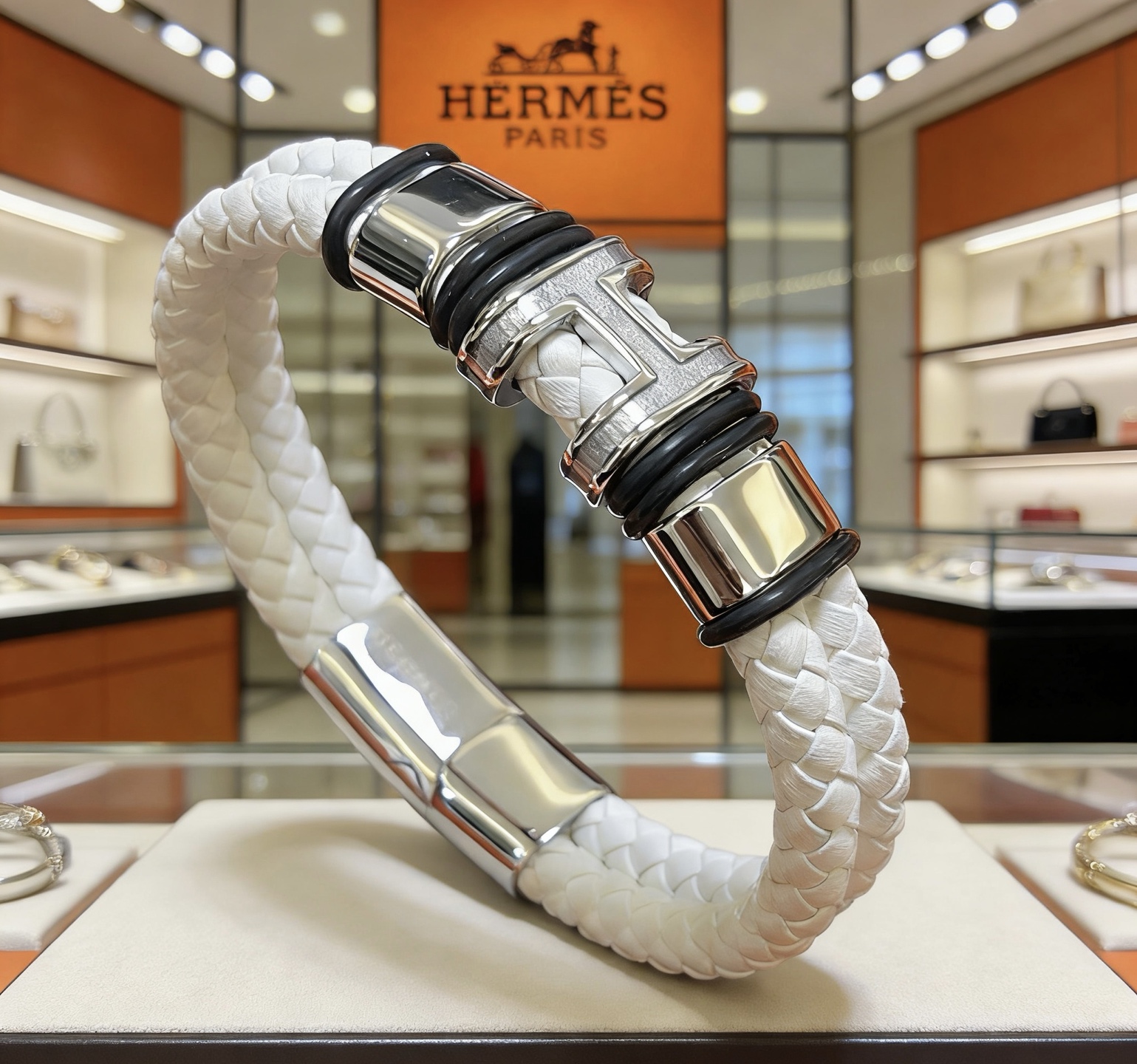 Hermes New Anger Forest bracelet white braided leather palladium-plated metal black rubber accents 19cm