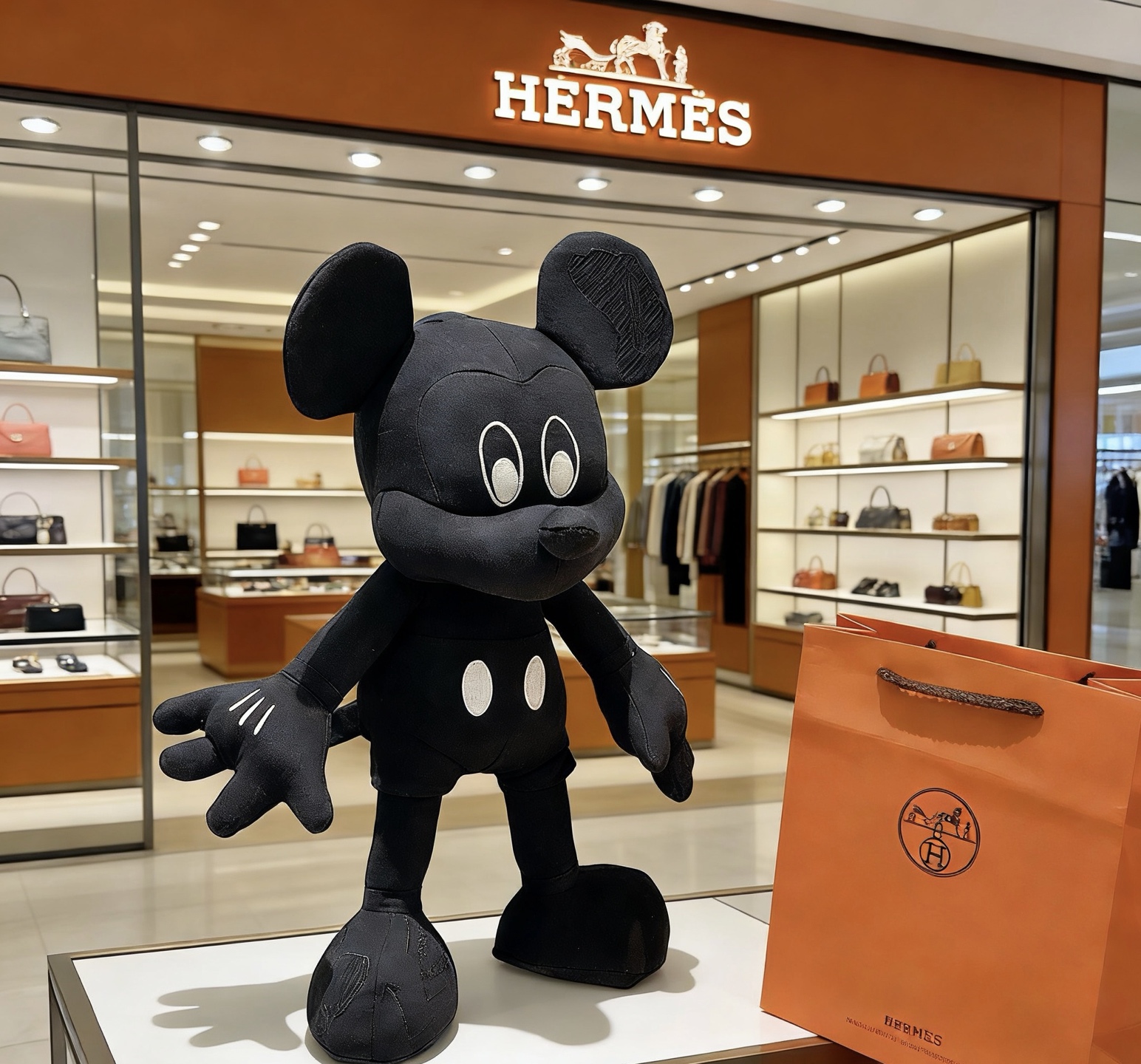 Hermes Mickey Mouse Plush Collectible brooch black fabric with white embroidered accents 45cm