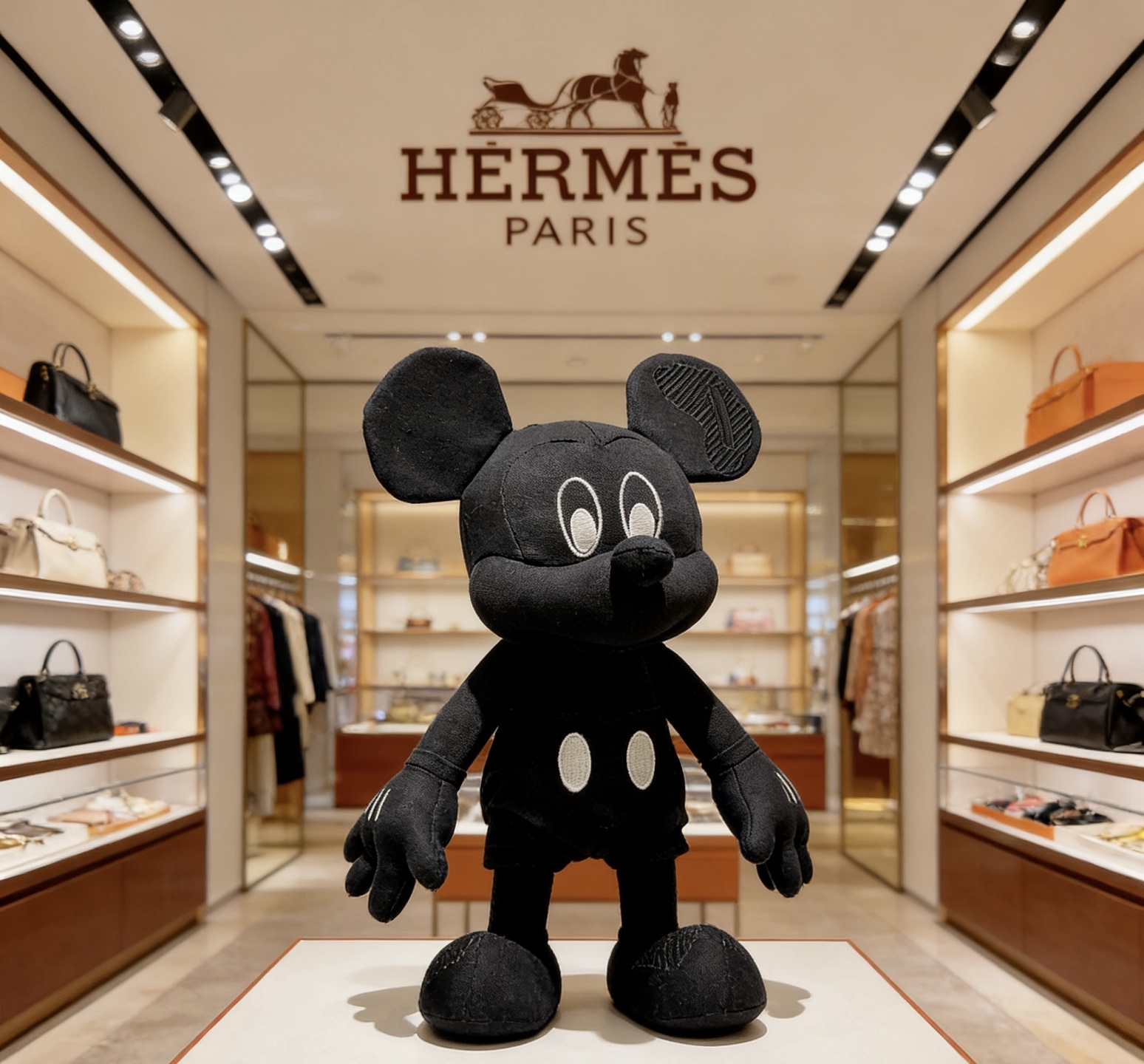 Hermes Mickey Mouse Plush Collectible brooch black fabric with white embroidered accents 45cm