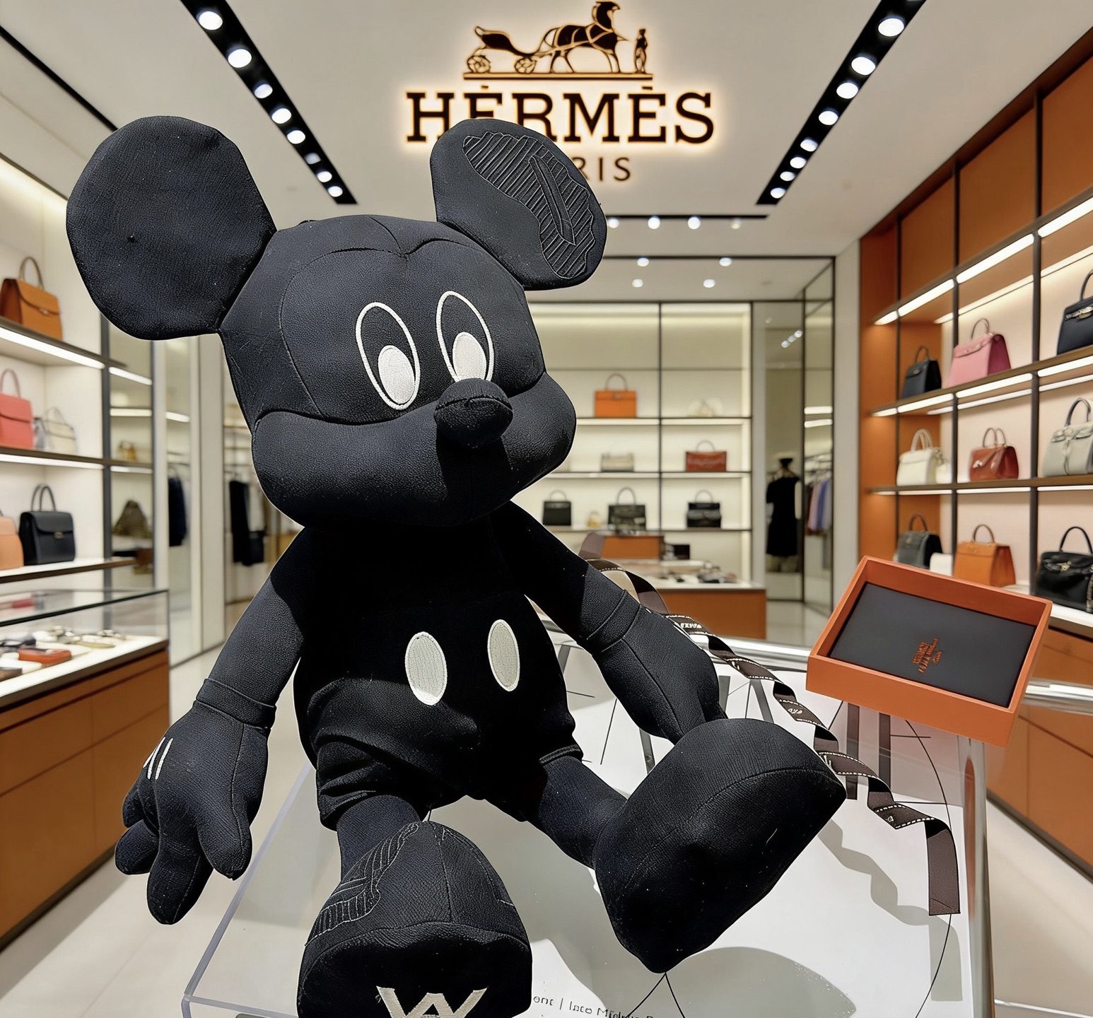 Hermes Mickey Mouse Plush Collectible brooch black fabric with white embroidered accents 45cm