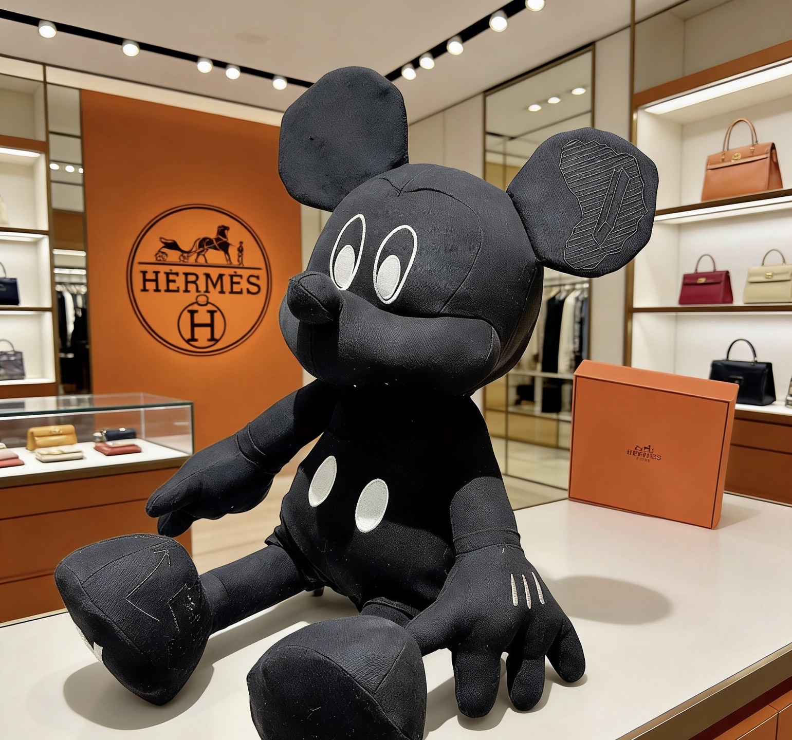 Hermes Mickey Mouse Plush Collectible brooch black fabric with white embroidered accents 45cm