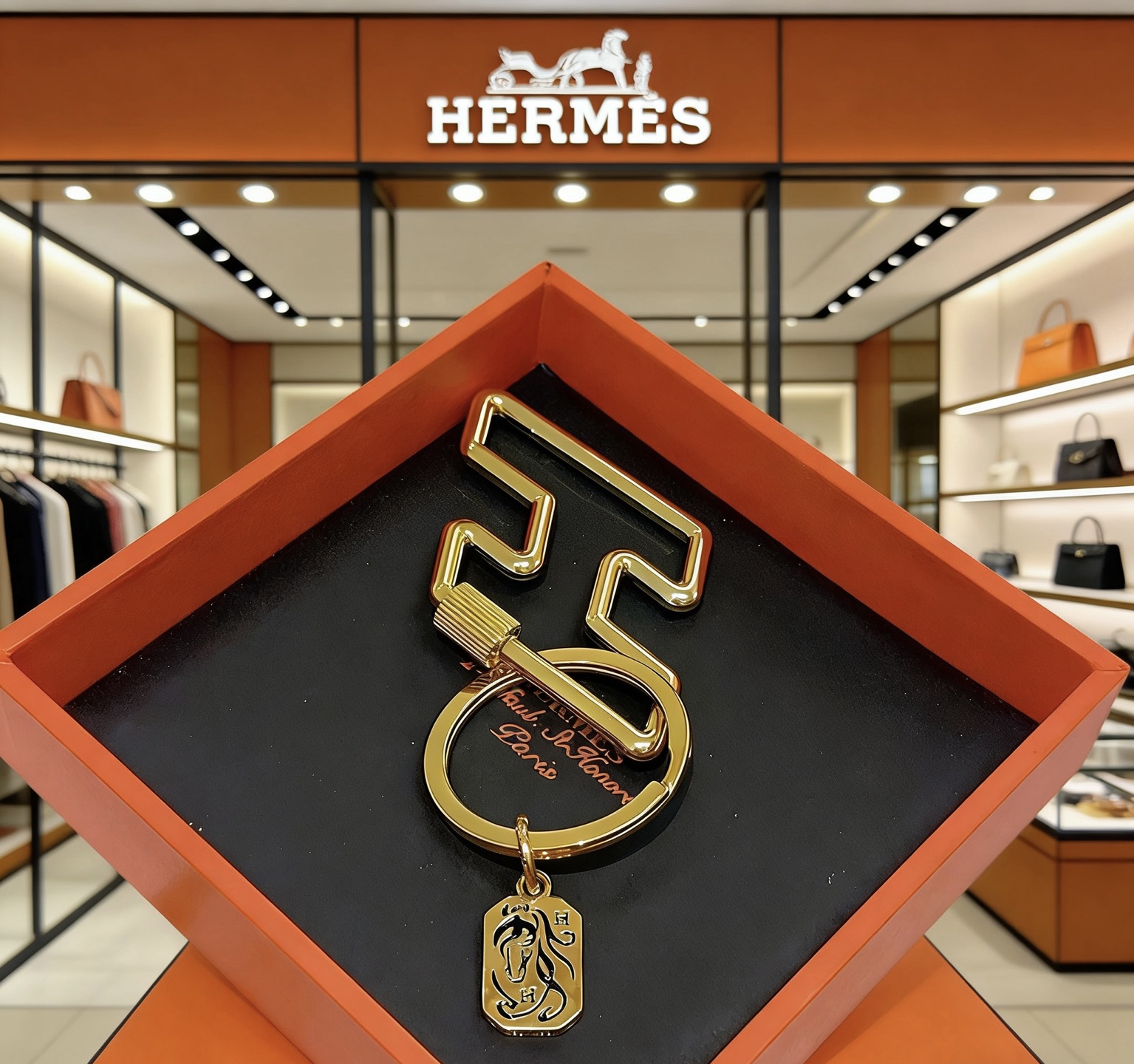 Hermes Horse Head Charm Keychain pendant gold-tone metal with black enamel detailing 3 5cm key ring 7cm zigzag clip
