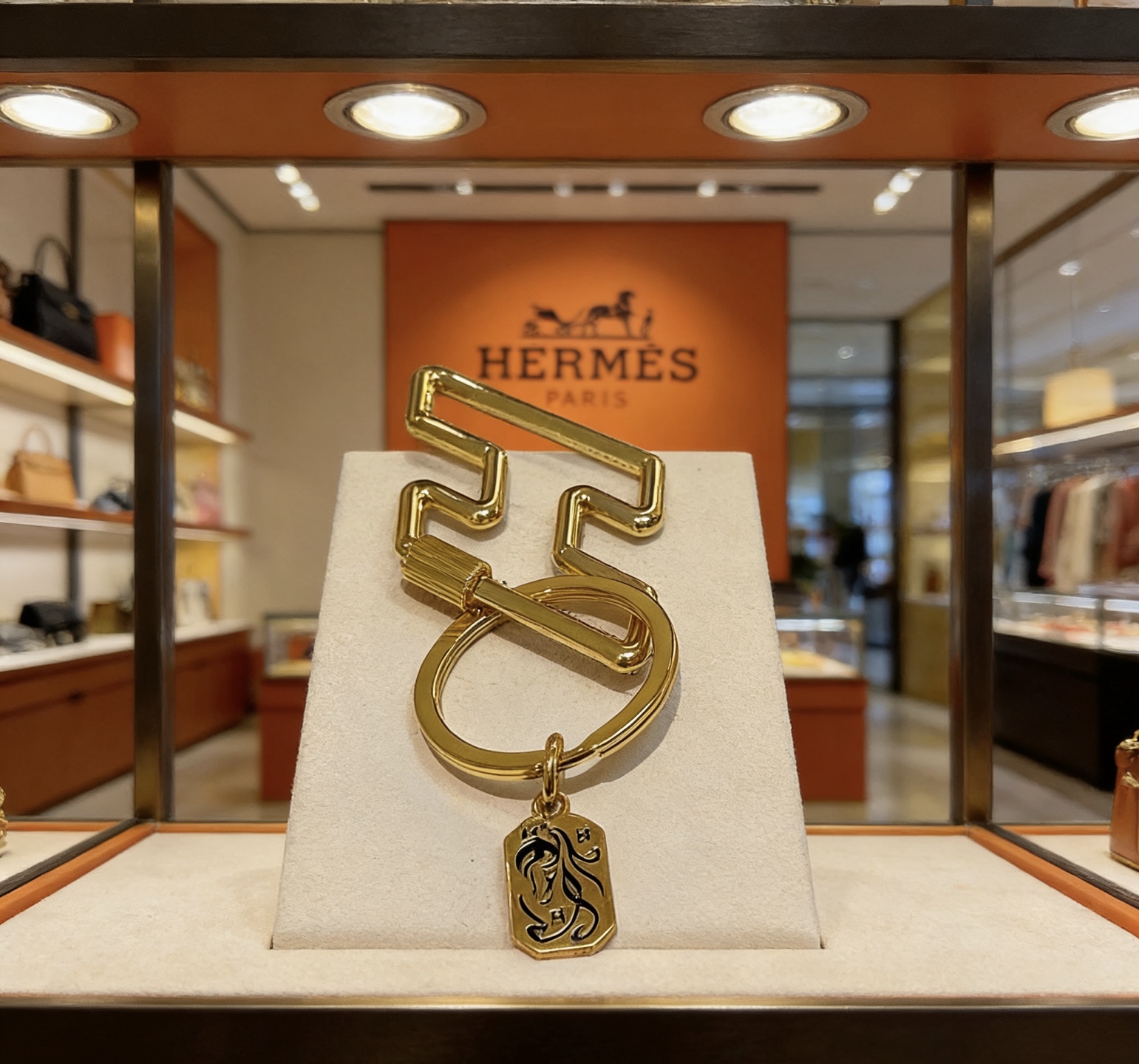 Hermes Horse Head Charm Keychain pendant gold-tone metal with black enamel detailing 3 5cm key ring 7cm zigzag clip