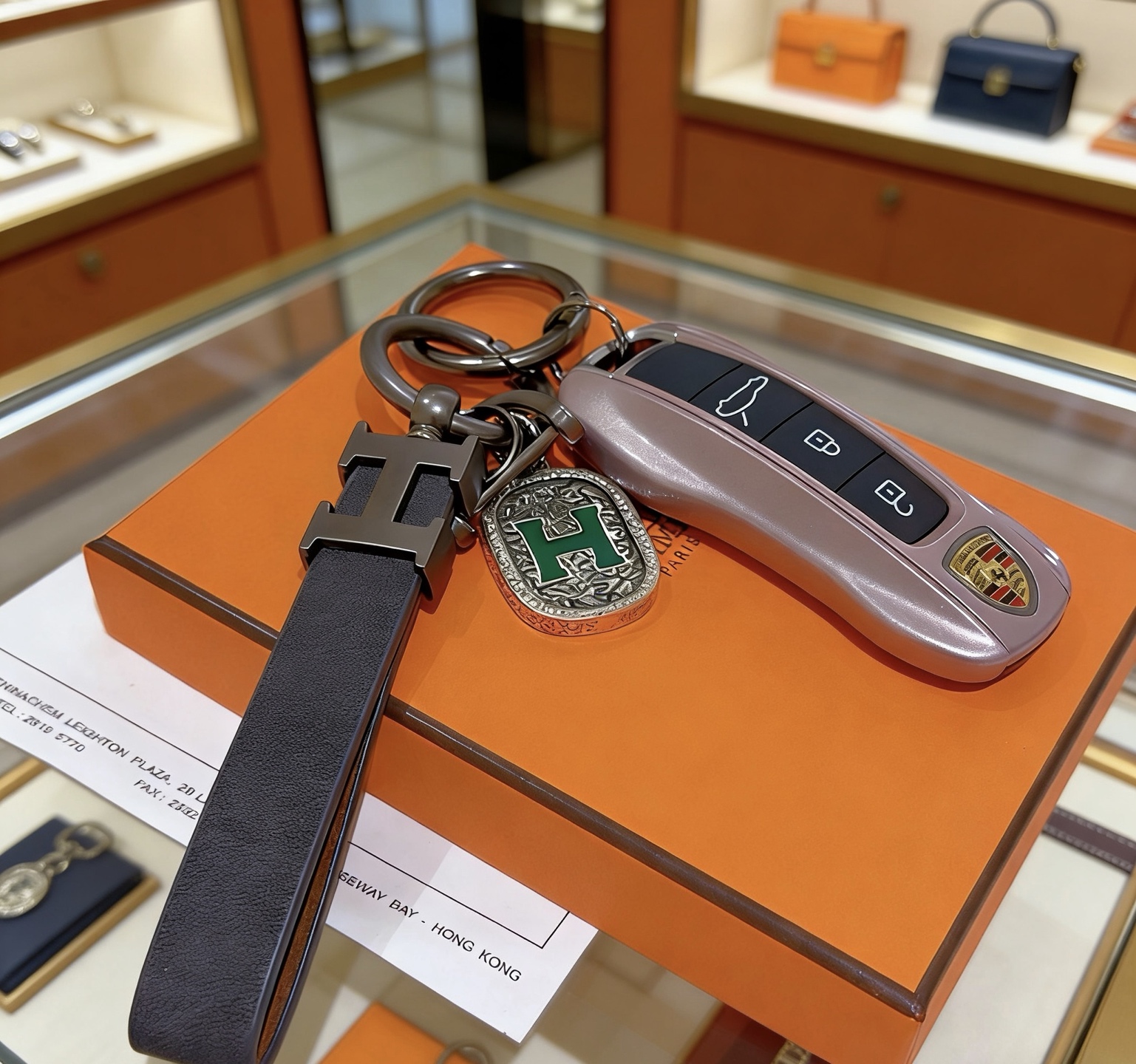 Hermes H Logo Leather Key Charm pendentif Gunmetal gris métal cuir noir émail vert détail H longueur du bracelet 10 cm
