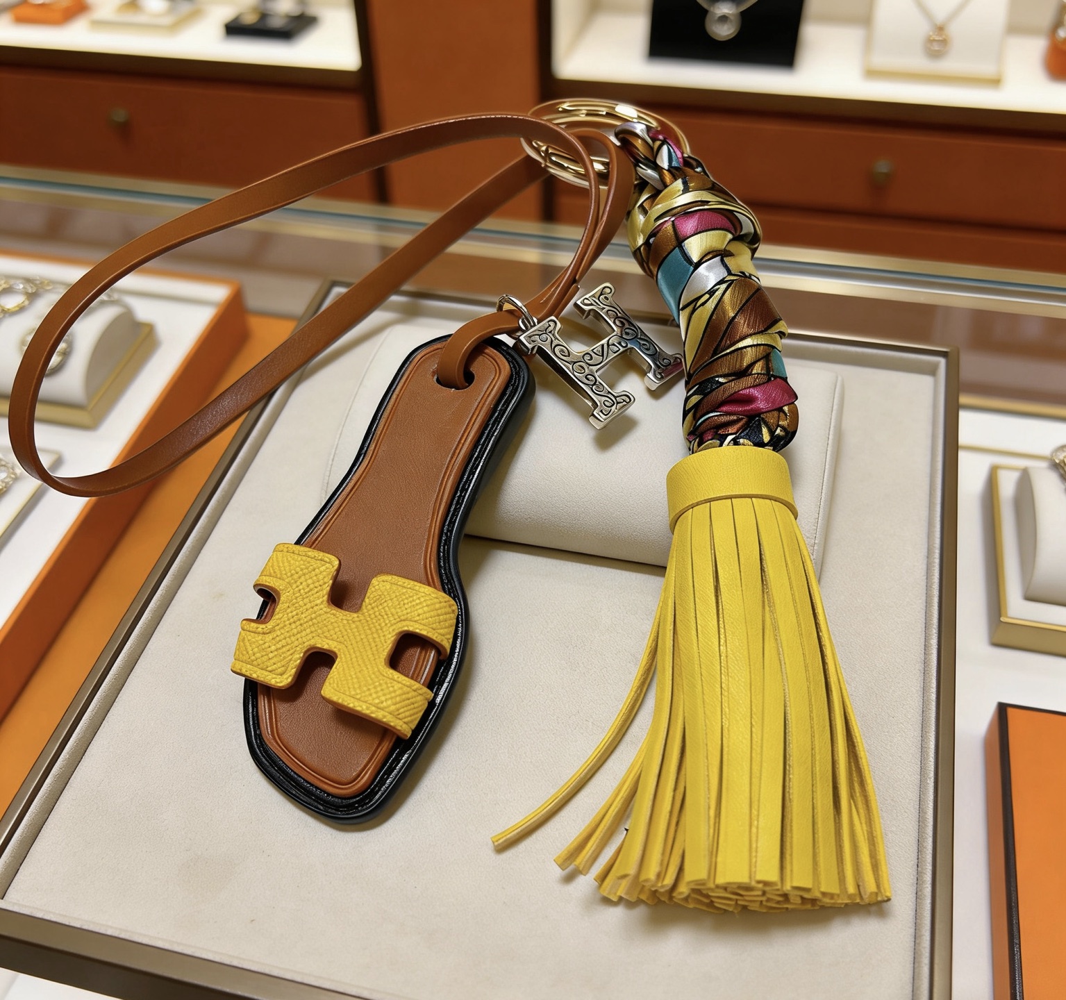 Hermes Oran Sandalo Borsa con nappa Fascino Portachiavi Ciondolo Metallo color oro Pelle marrone Pelle gialla Seta multicolore Ciondolo H color argento Bordo nero Rifinitura 15 cm Lunghezza totale