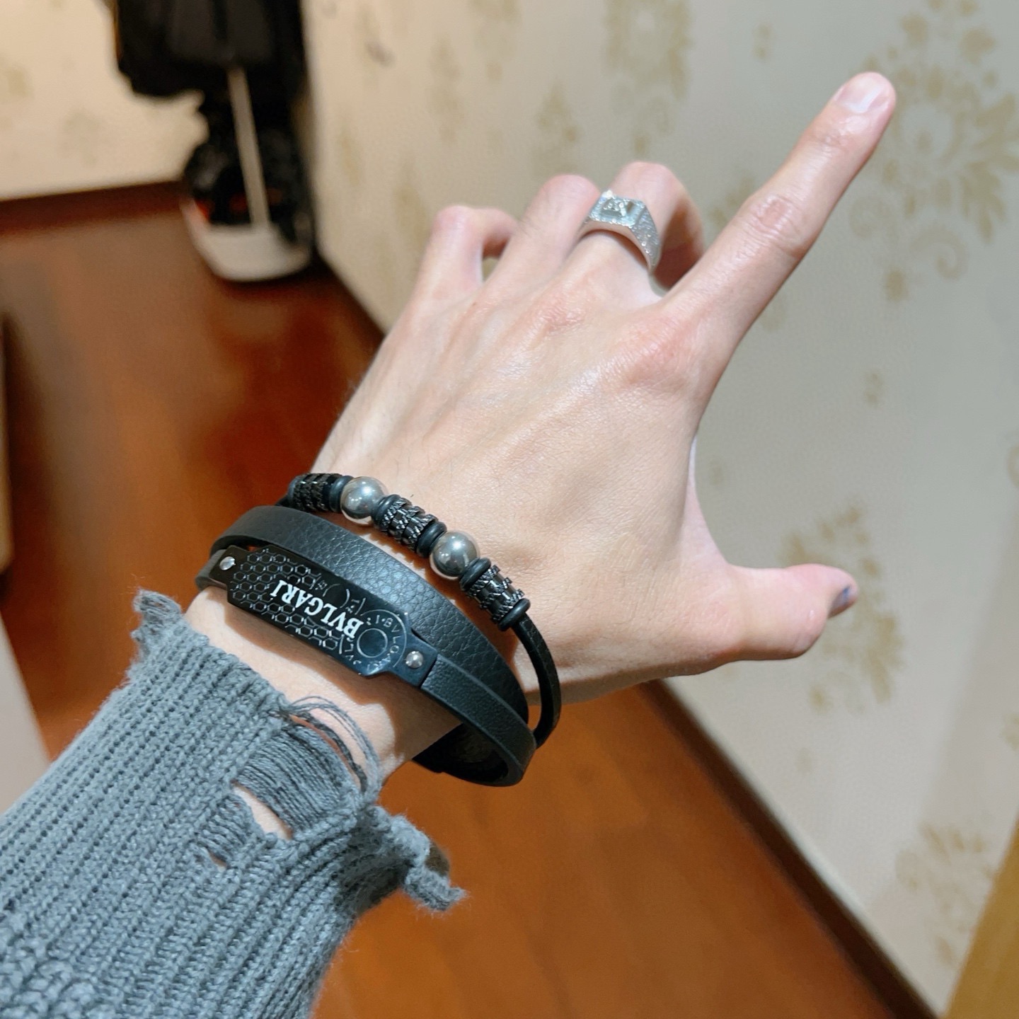 Bvlgari Serpenti Forever Coiled Leather Bracelet bracelet Black leather with gunmetal black metal hardware and silver-toned spherical accents 19cm