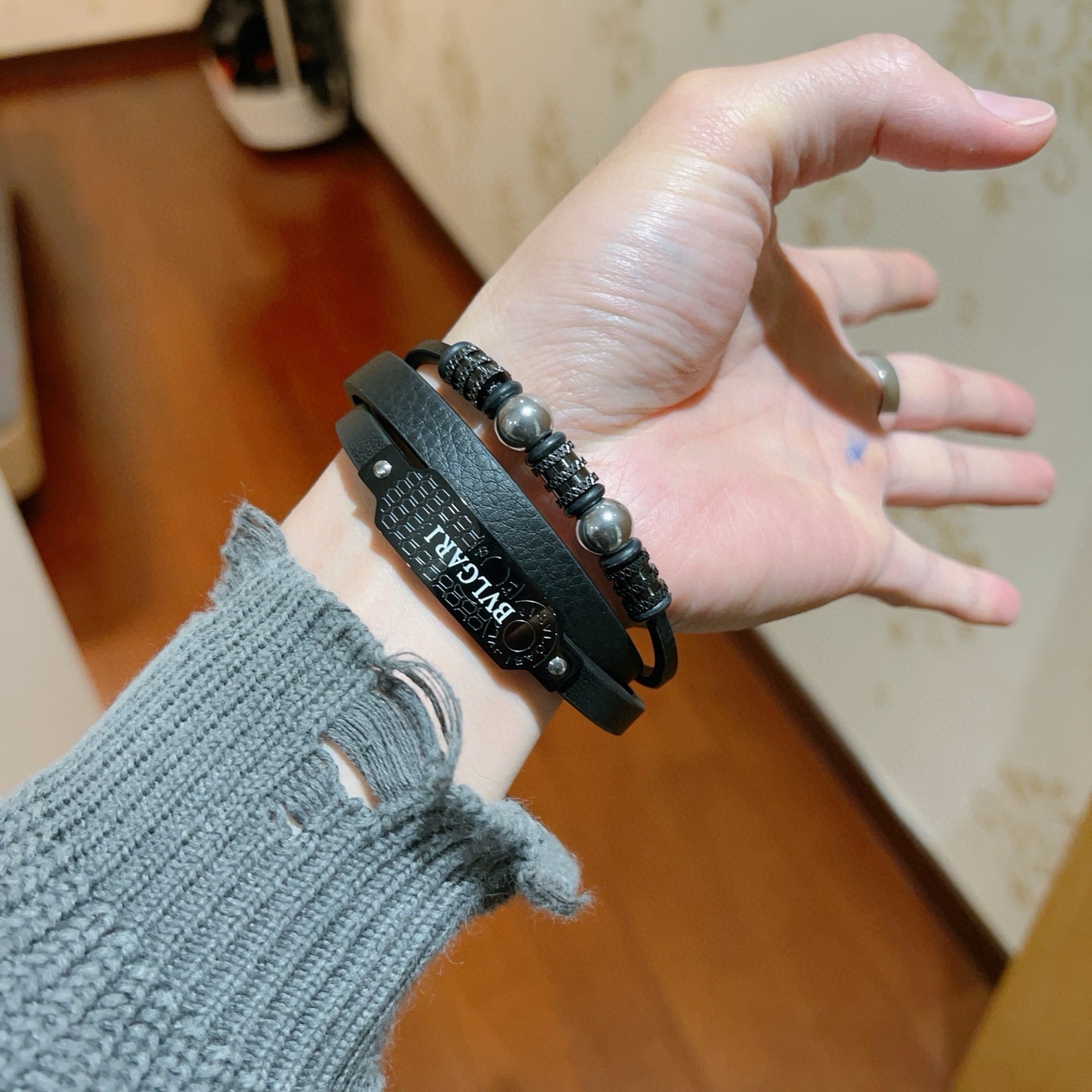 Bvlgari Serpenti Forever Coiled Leather Bracelet bracelet Black leather with gunmetal black metal hardware and silver-toned spherical accents 19cm
