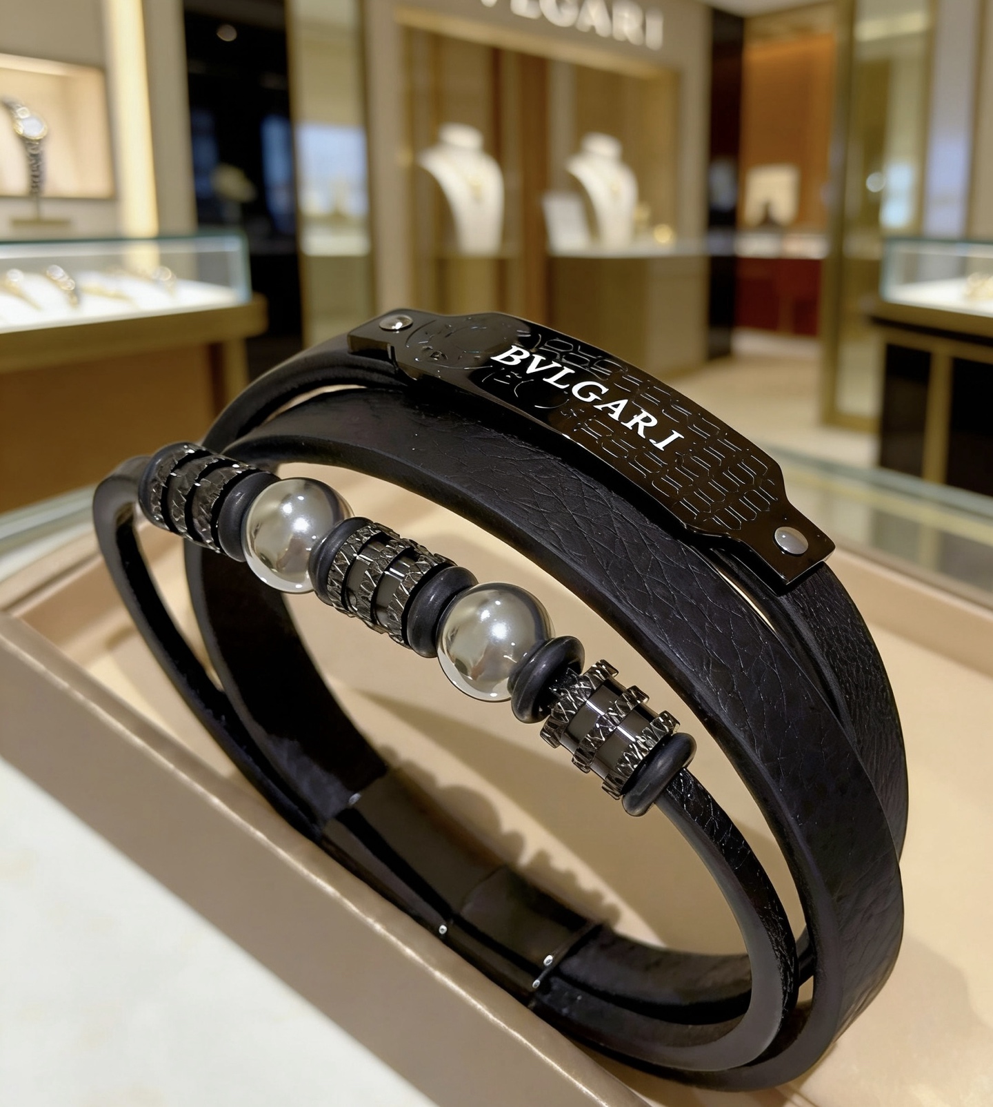 Bvlgari Serpenti Forever Coiled Leather Bracelet bracelet Black leather with gunmetal black metal hardware and silver-toned spherical accents 19cm
