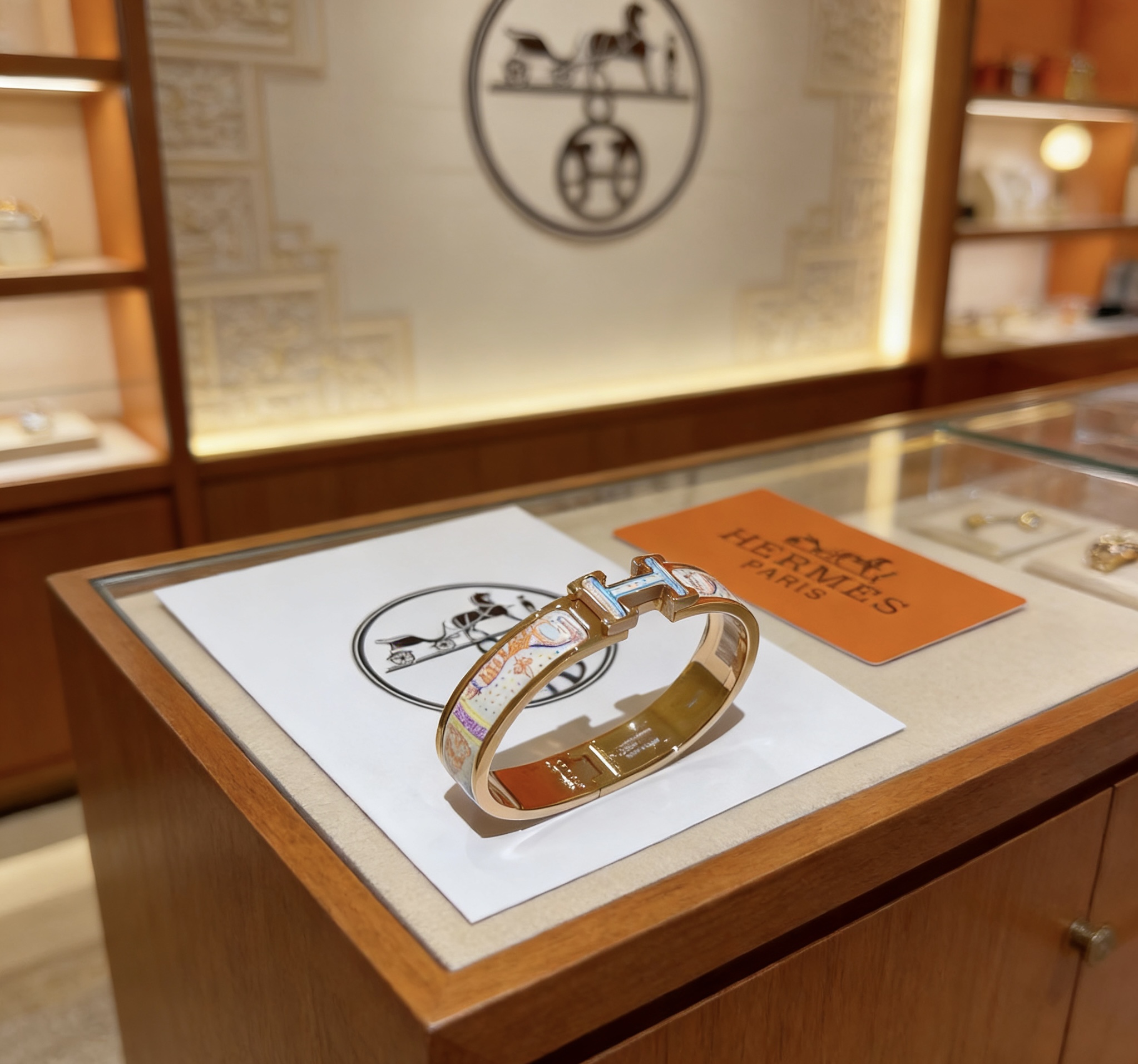 Hermes Clic Clac H bracelet rose gold metal with multicolor printed enamel PM
