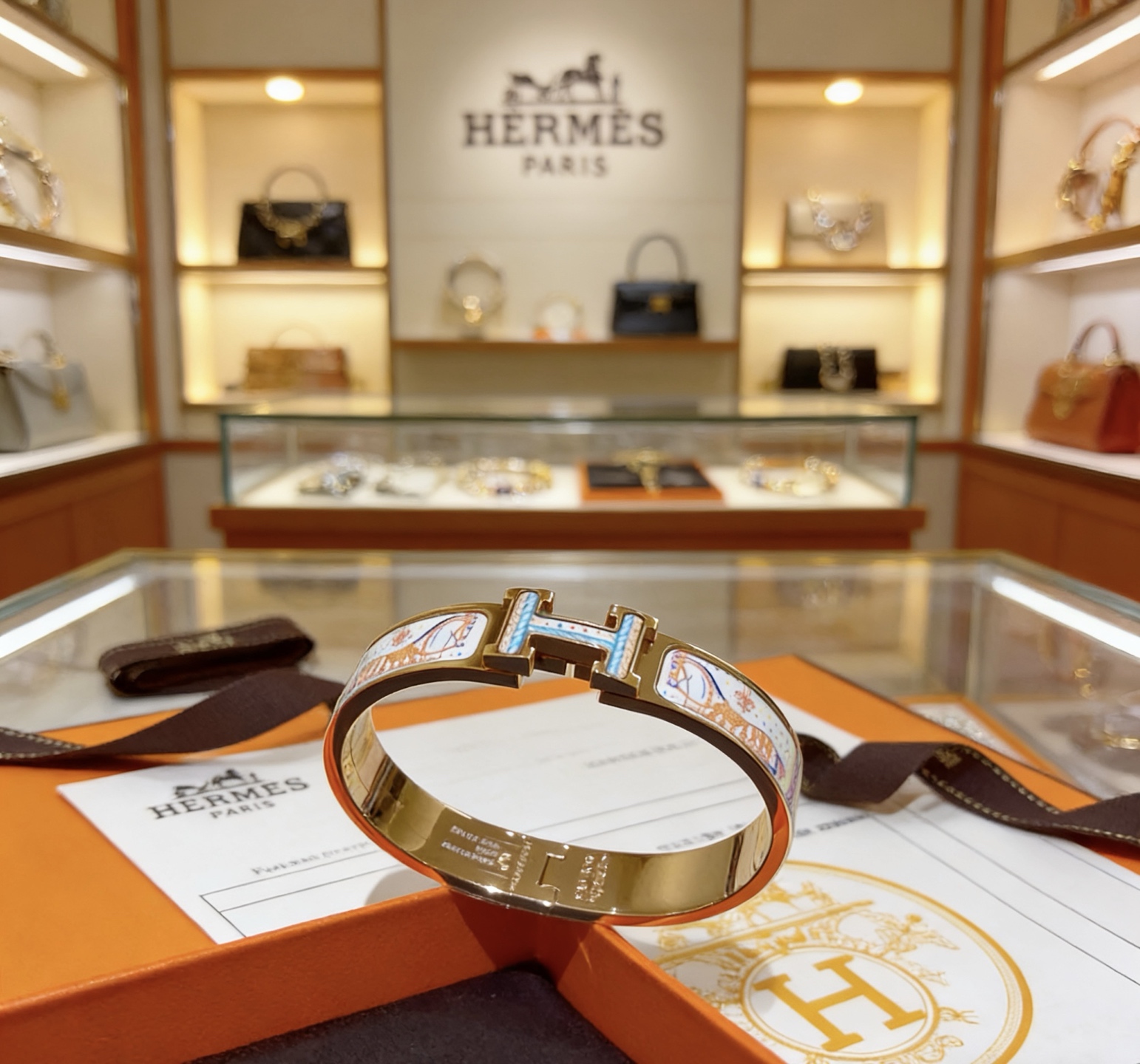 Hermes Clic Clac H bracelet rose gold metal with multicolor printed enamel PM