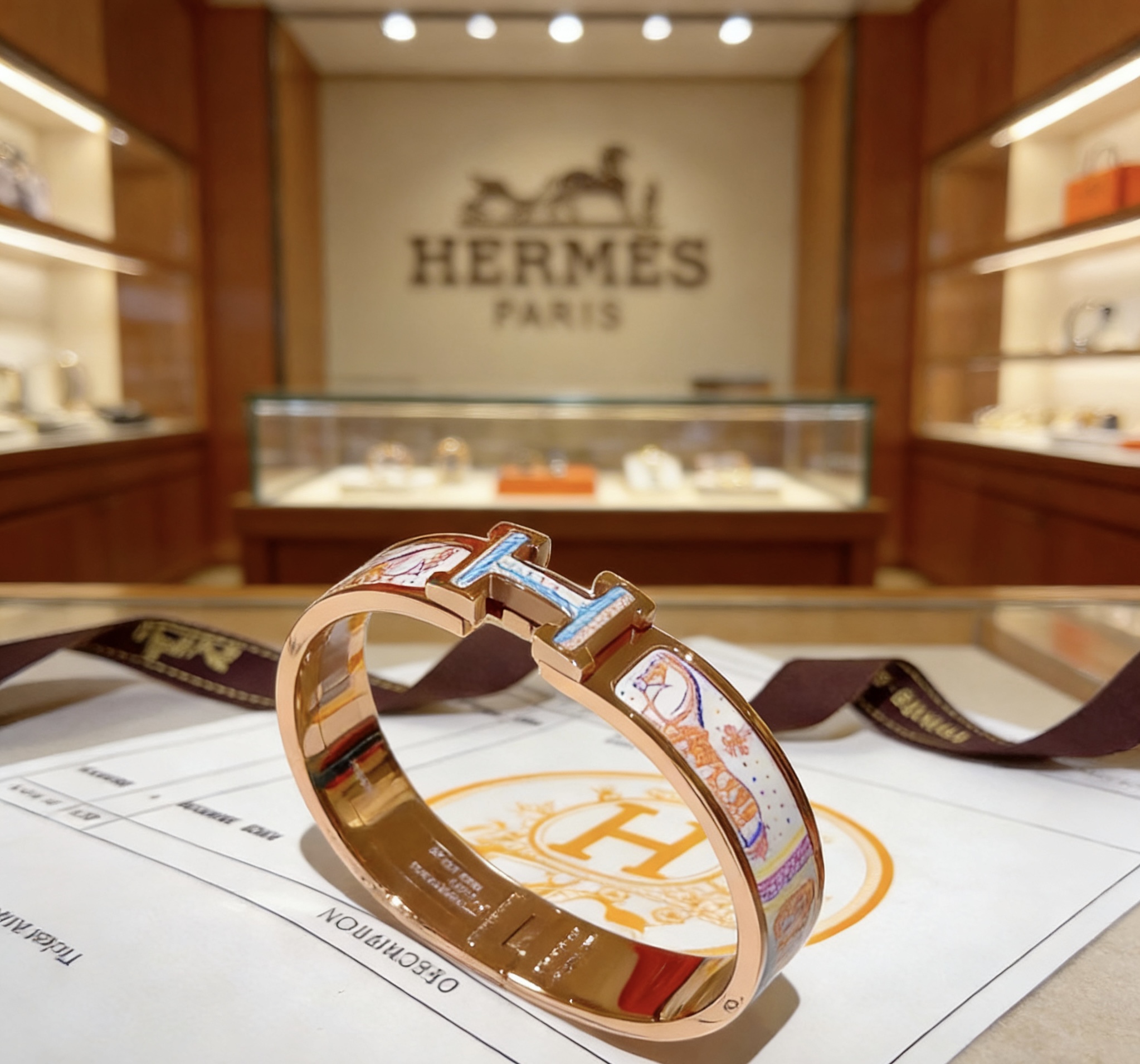 Hermes Clic Clac H bracelet rose gold metal with multicolor printed enamel PM