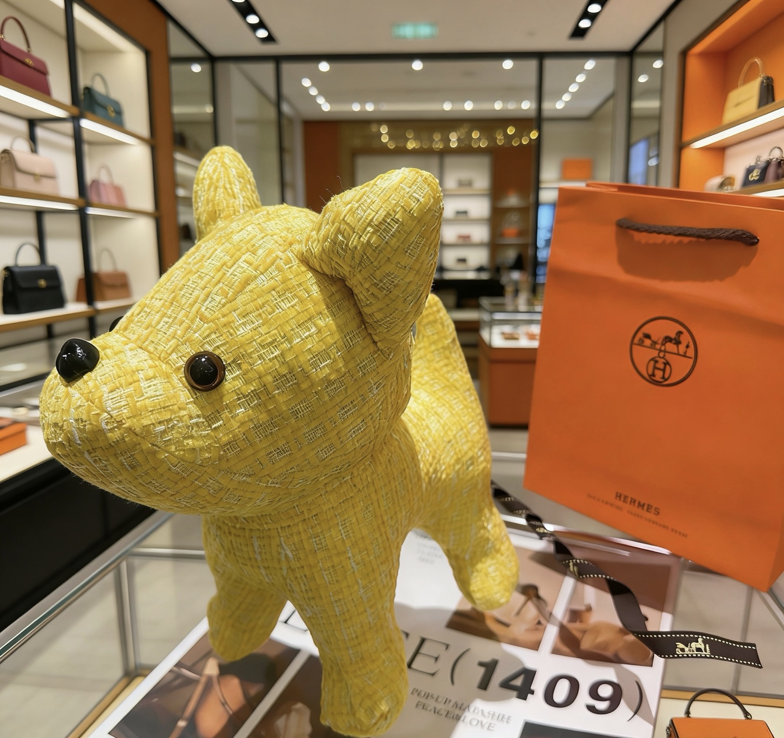 Hermes Buddy Dog Plush Charm pendant Yellow textured fabric with black resin accents 28cm