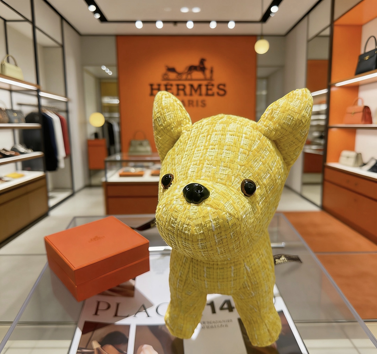 Hermes Buddy Dog Plush Charm pendant Yellow textured fabric with black resin accents 28cm