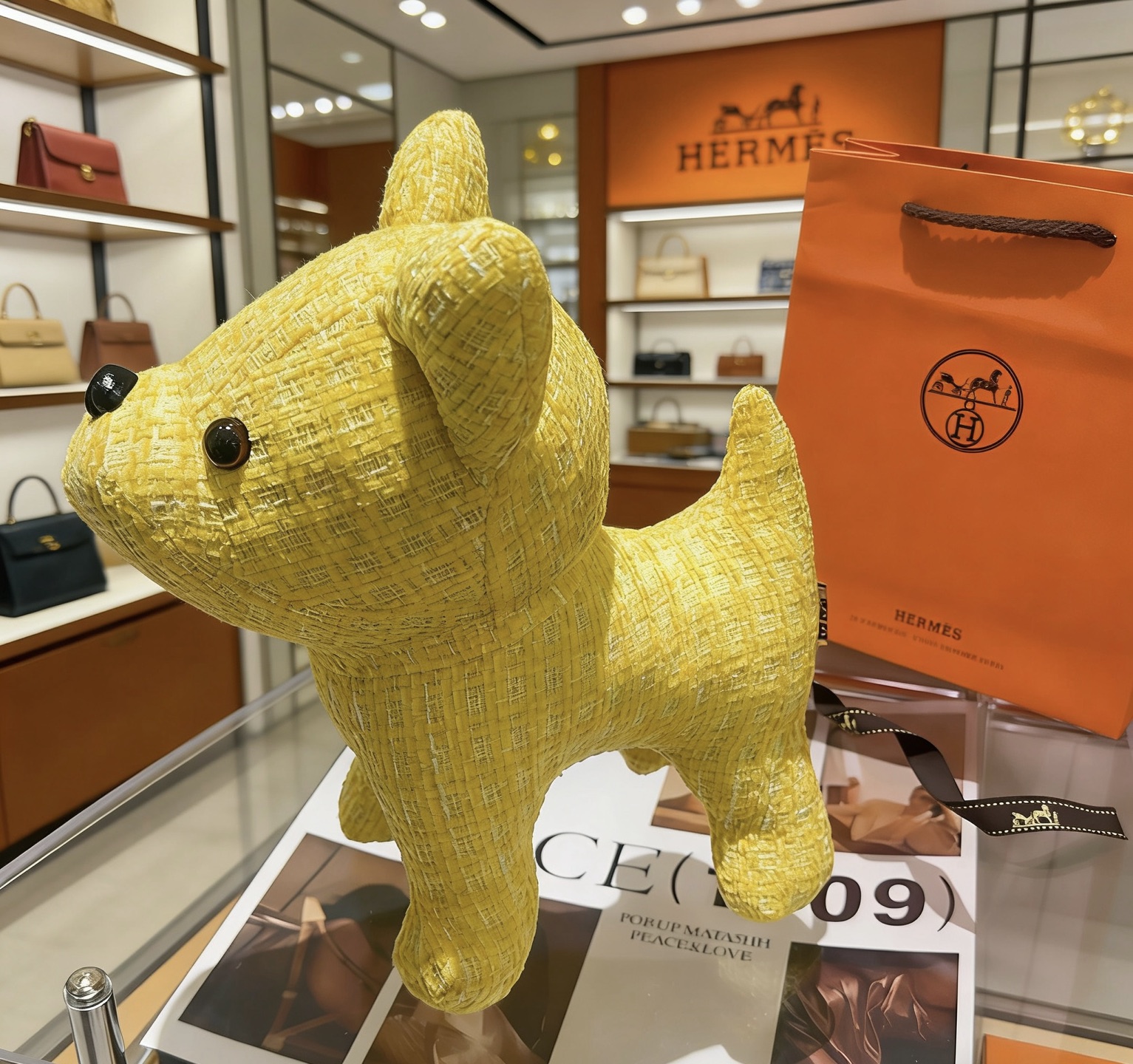 Hermes Buddy Dog Plush Charm pendant Yellow textured fabric with black resin accents 28cm