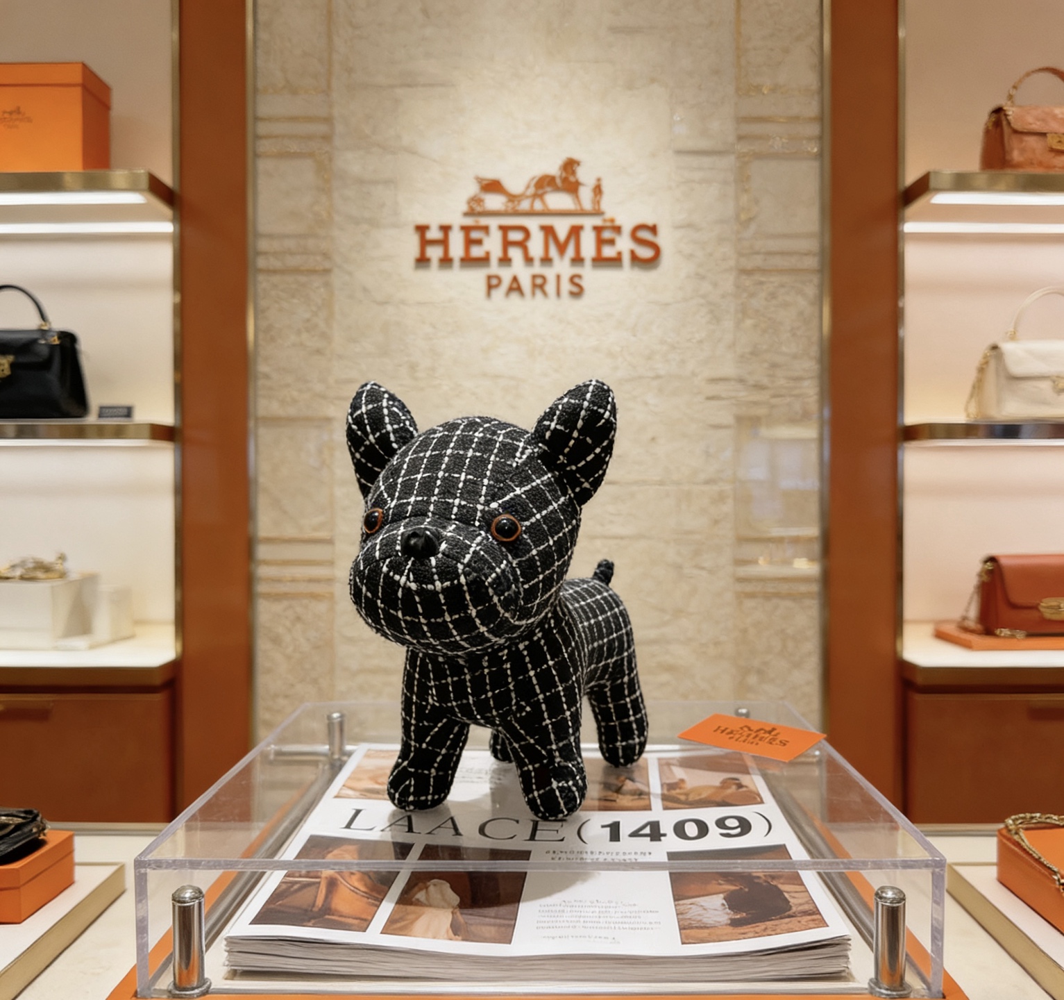 Hermes Buldog Plush Decor brooch Black fabric with white grid pattern brown eyes black nose 28cm