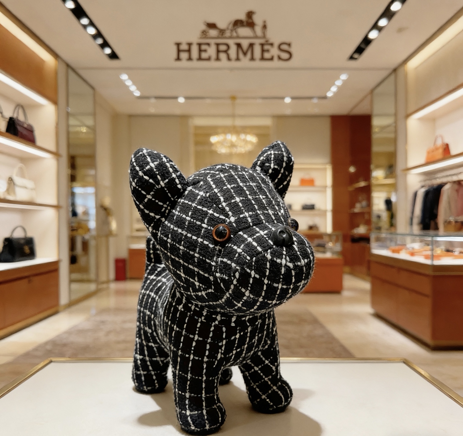 Hermes Buldog Plush Decor brooch Black fabric with white grid pattern brown eyes black nose 28cm