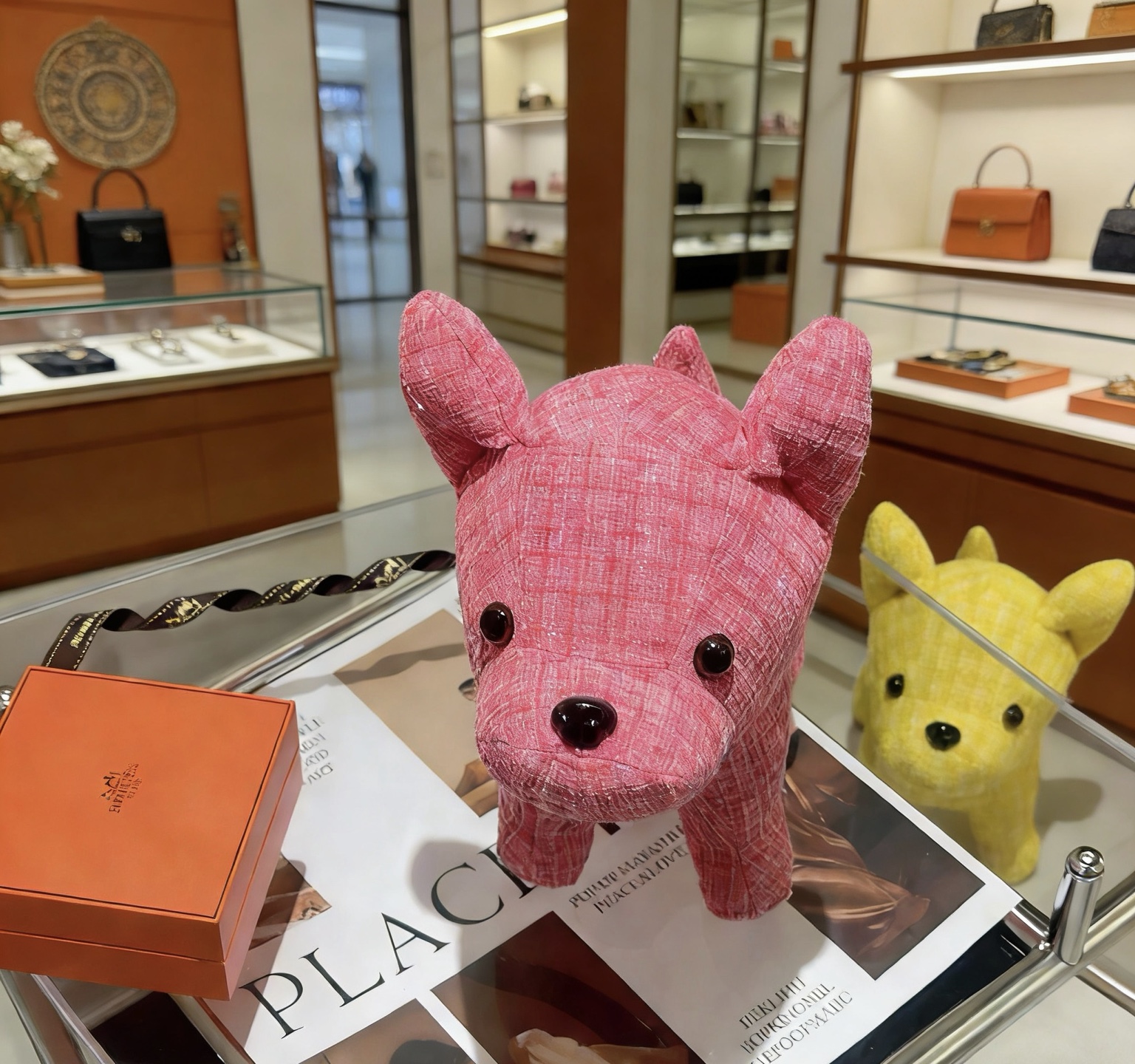 Hermes Plush Bulldog Decor brooch Pink tweed fabric with black plastic accents 28cm