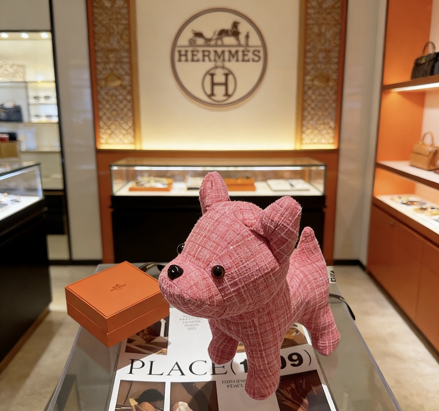 Hermes Plush Bulldog Decor brooch Pink tweed fabric with black plastic accents 28cm