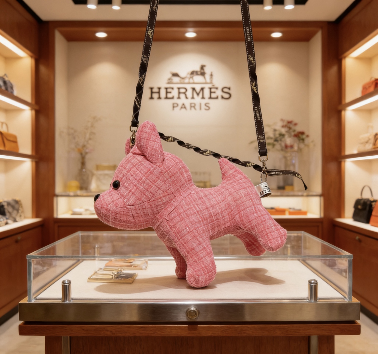 Hermes Plush Bulldog Decor brooch Pink tweed fabric with black plastic accents 28cm