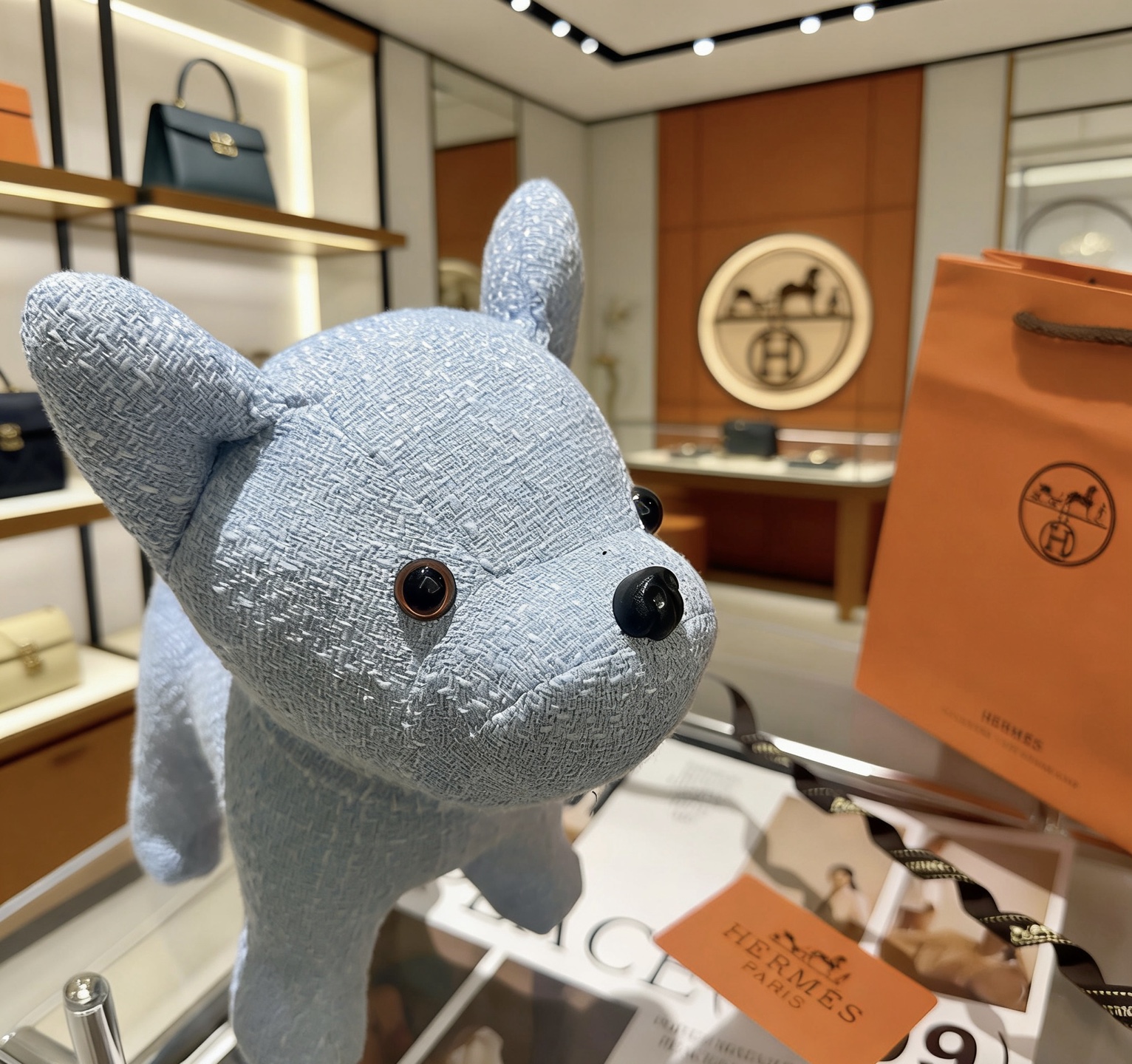 Hermes Buldog Plush brooch light blue fabric with black and brown plastic eyes 28cm