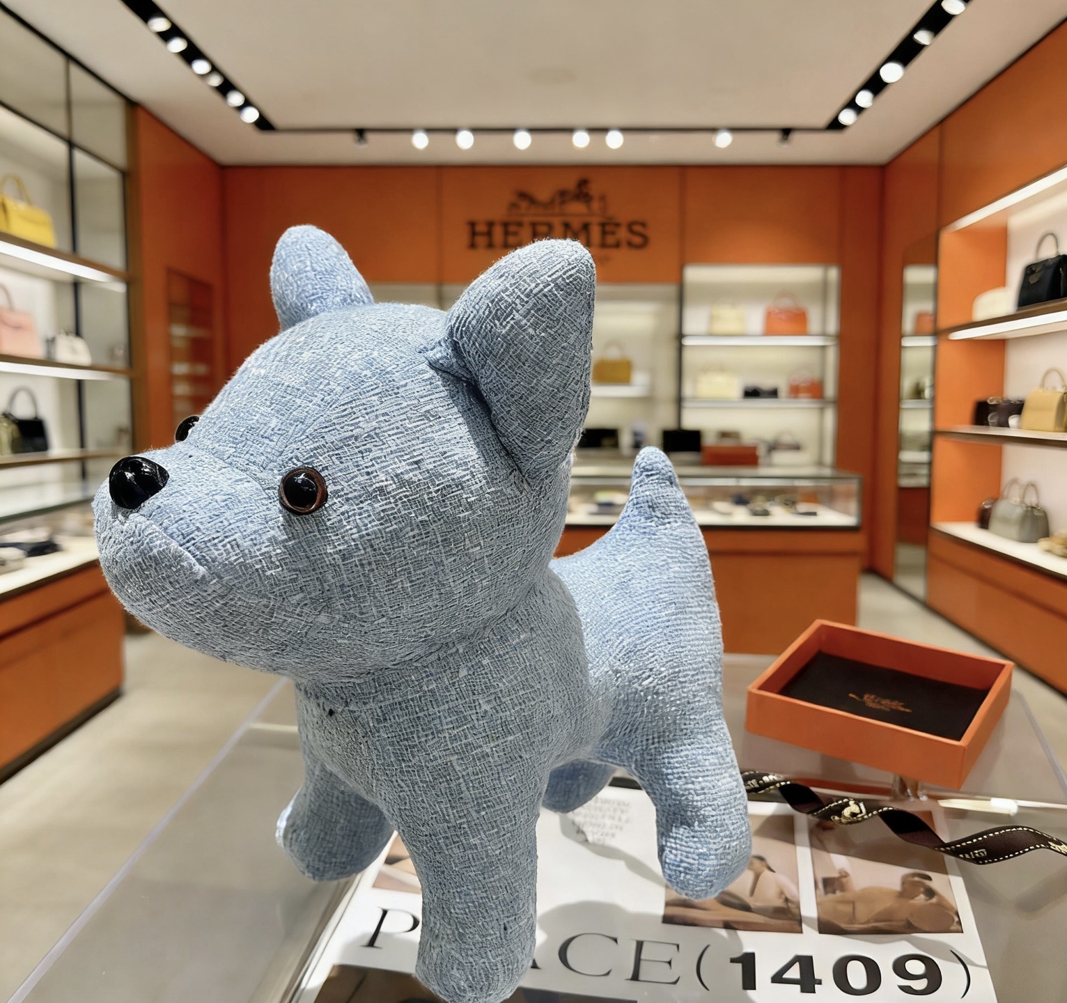Broche peluche Hermes Buldog en tissu bleu clair avec yeux en plastique noir et marron 28cm