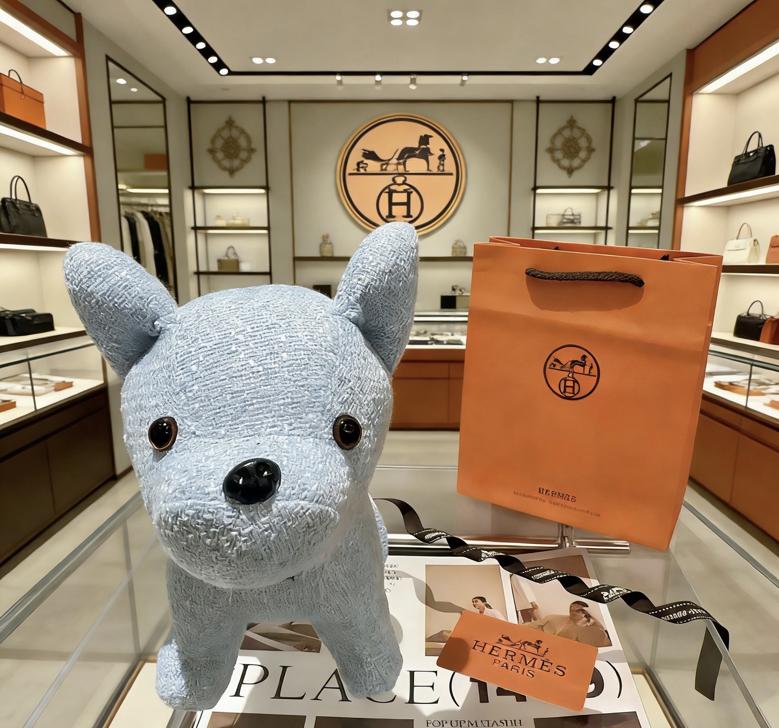 Broche peluche Hermes Buldog en tissu bleu clair avec yeux en plastique noir et marron 28cm
