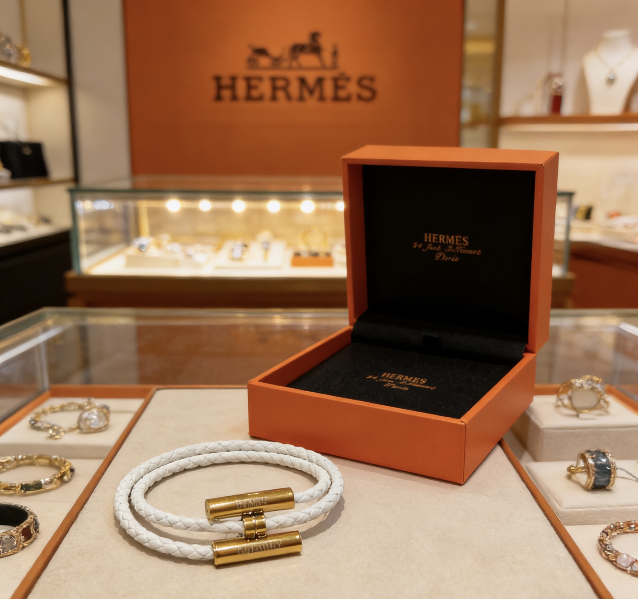 Pulsera Hermes Tournis Tresse Cuero trenzado blanco con herrajes de metal dorado T2 17cm