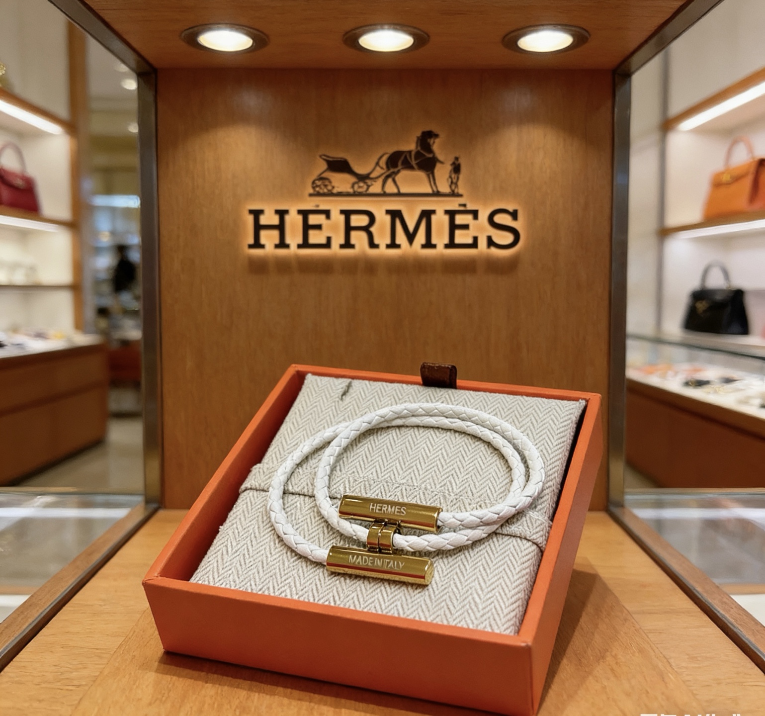 Pulsera Hermes Tournis Tresse Cuero trenzado blanco con herrajes de metal dorado T2 17cm