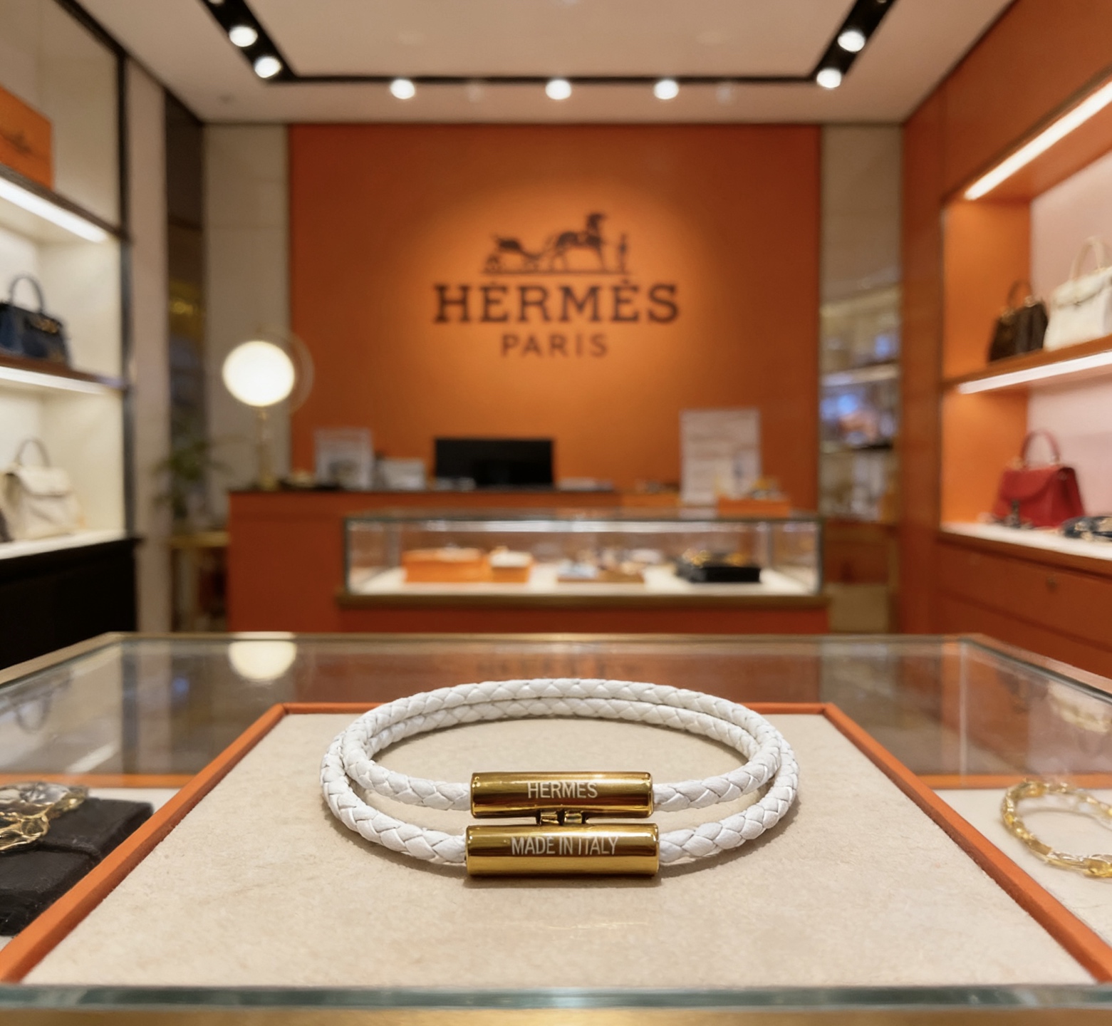Pulsera Hermes Tournis Tresse Cuero trenzado blanco con herrajes de metal dorado T2 17cm