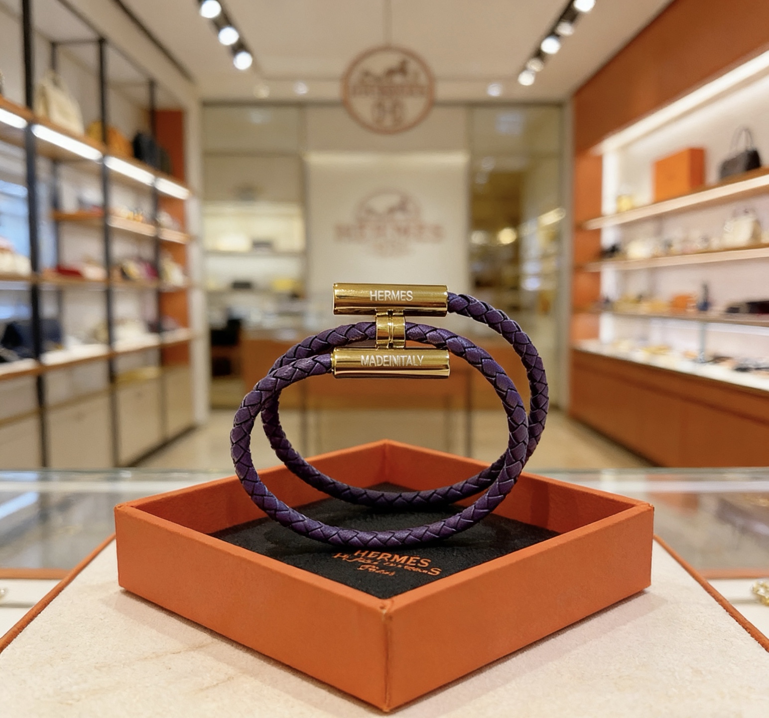 Hermes Tournis Tresse bracelet Purple braided leather with gold-tone metal hardware T3 19cm double wrap