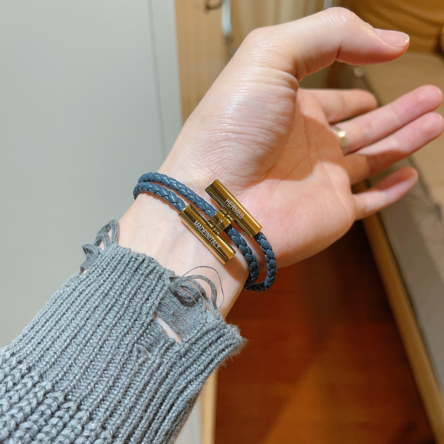 Hermes Tournis Tresse bracelet Purple braided leather with gold-tone metal hardware T3 19cm double wrap