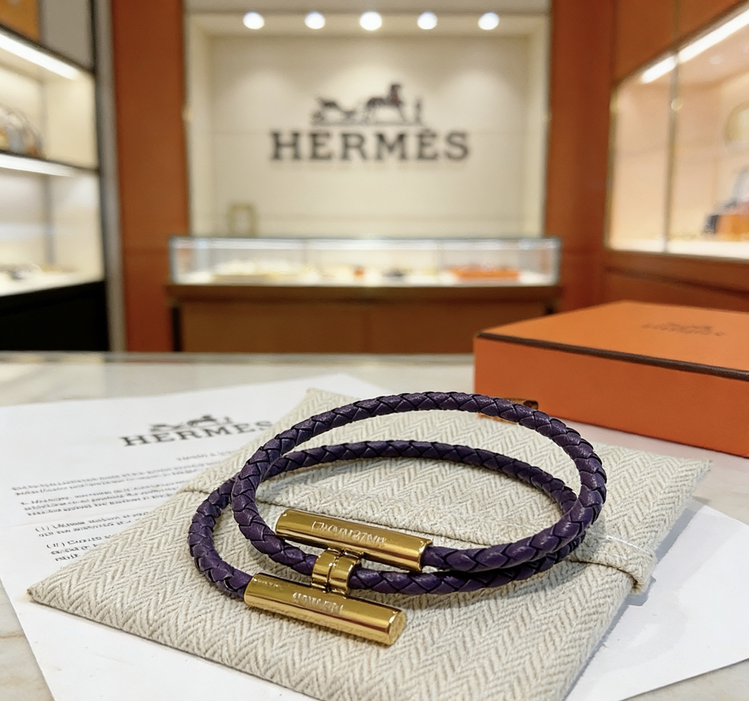 Hermes Tournis Tresse bracelet Purple braided leather with gold-tone metal hardware T3 19cm double wrap