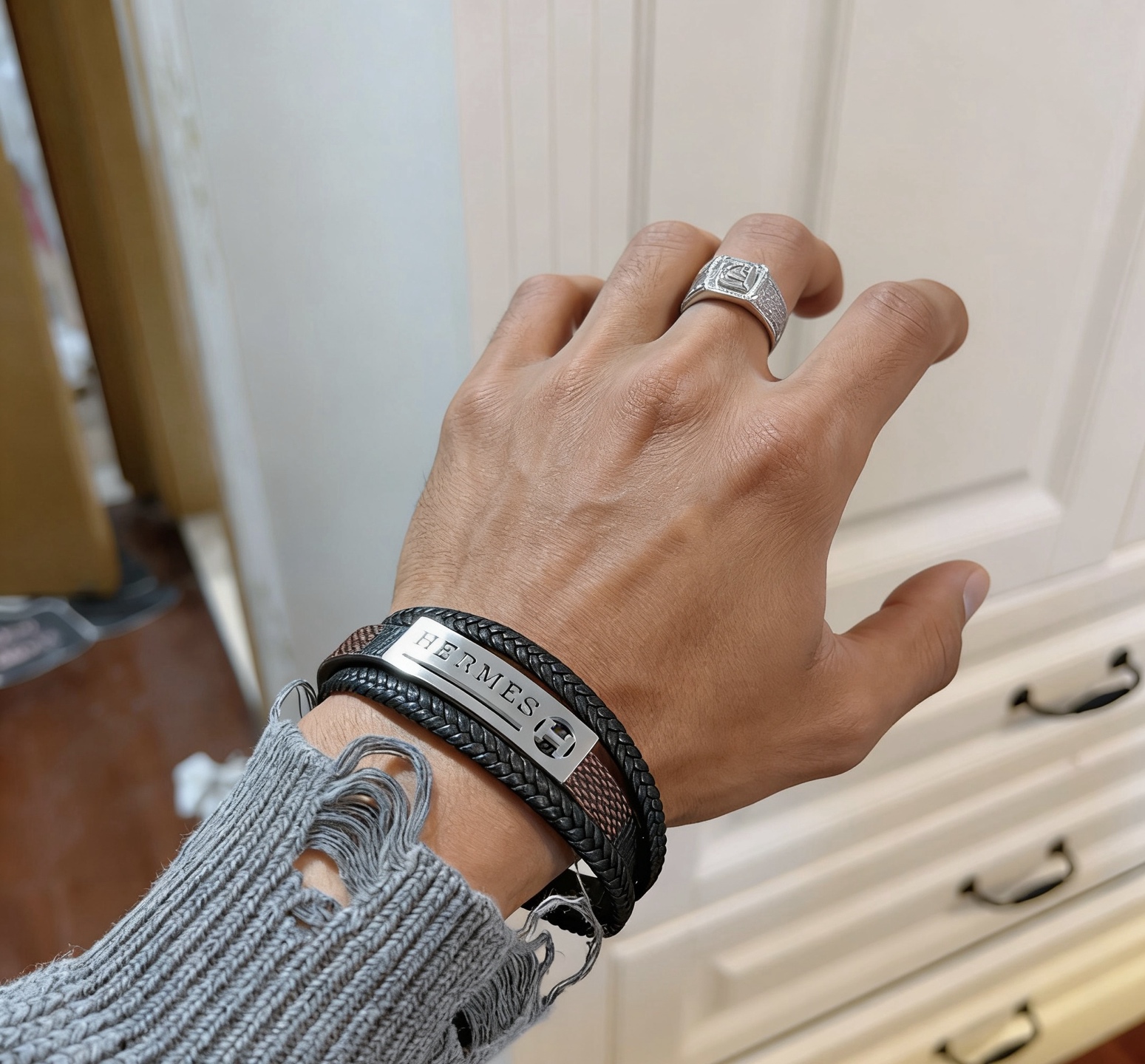 Hermes H Tournis Tresse bracelet Black braided leather brown leather palladium silver-tone metal hardware 19cm