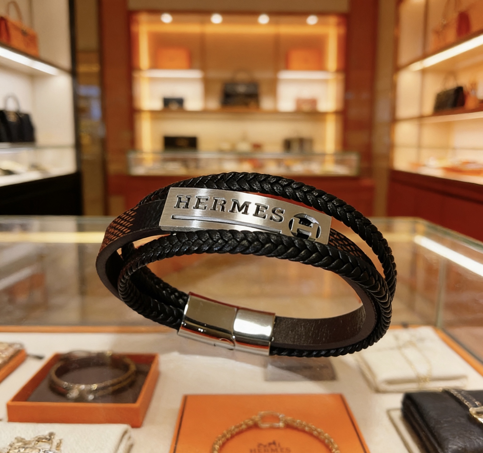 Hermes H Tournis Tresse bracelet Black braided leather brown leather palladium silver-tone metal hardware 19cm
