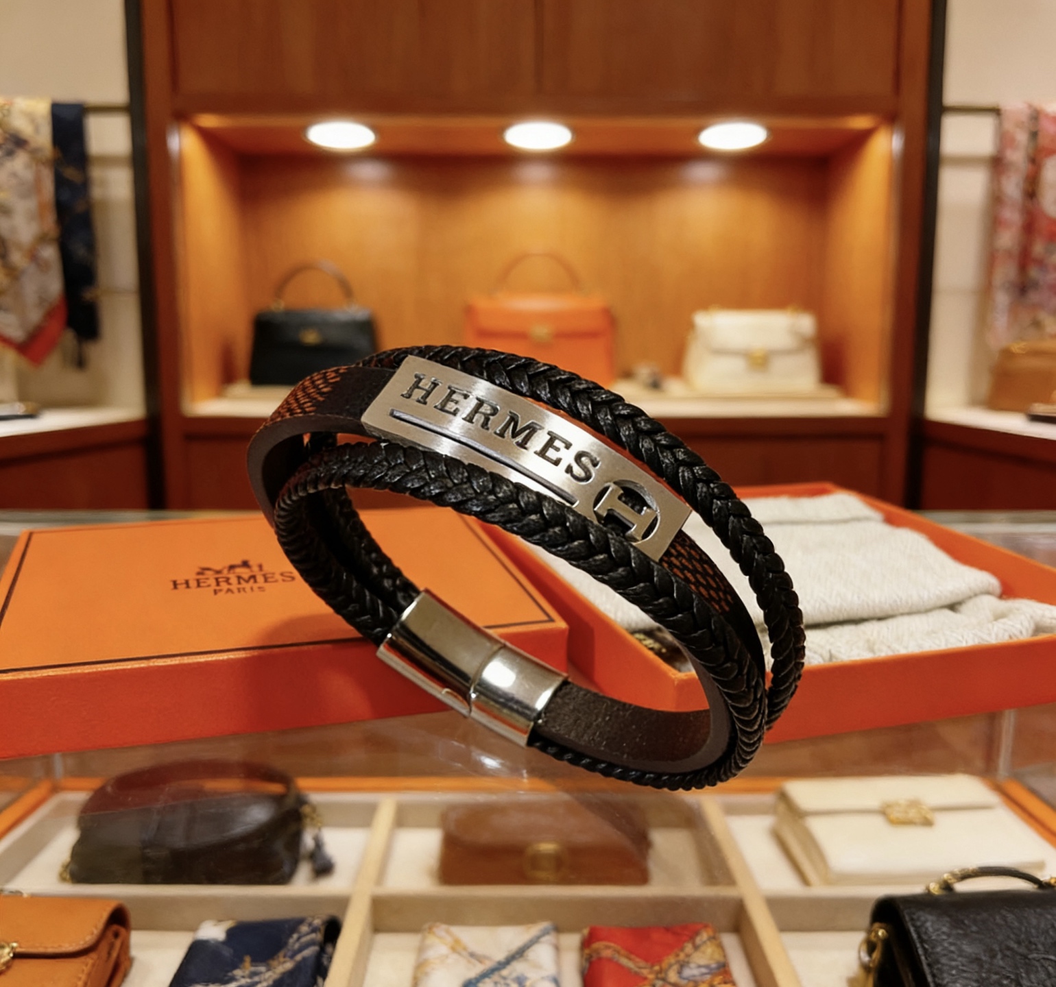 Hermes H Tournis Tresse bracelet Black braided leather brown leather palladium silver-tone metal hardware 19cm