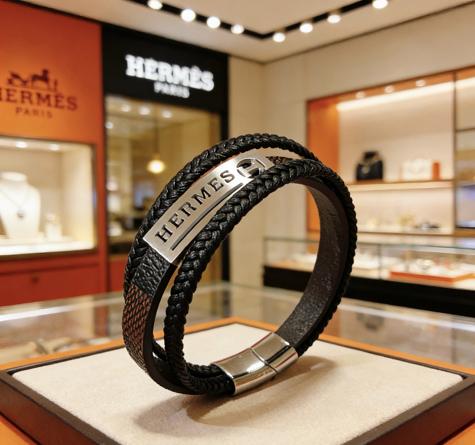 Hermes H Tournis Tresse bracelet Black braided leather brown leather palladium silver-tone metal hardware 19cm