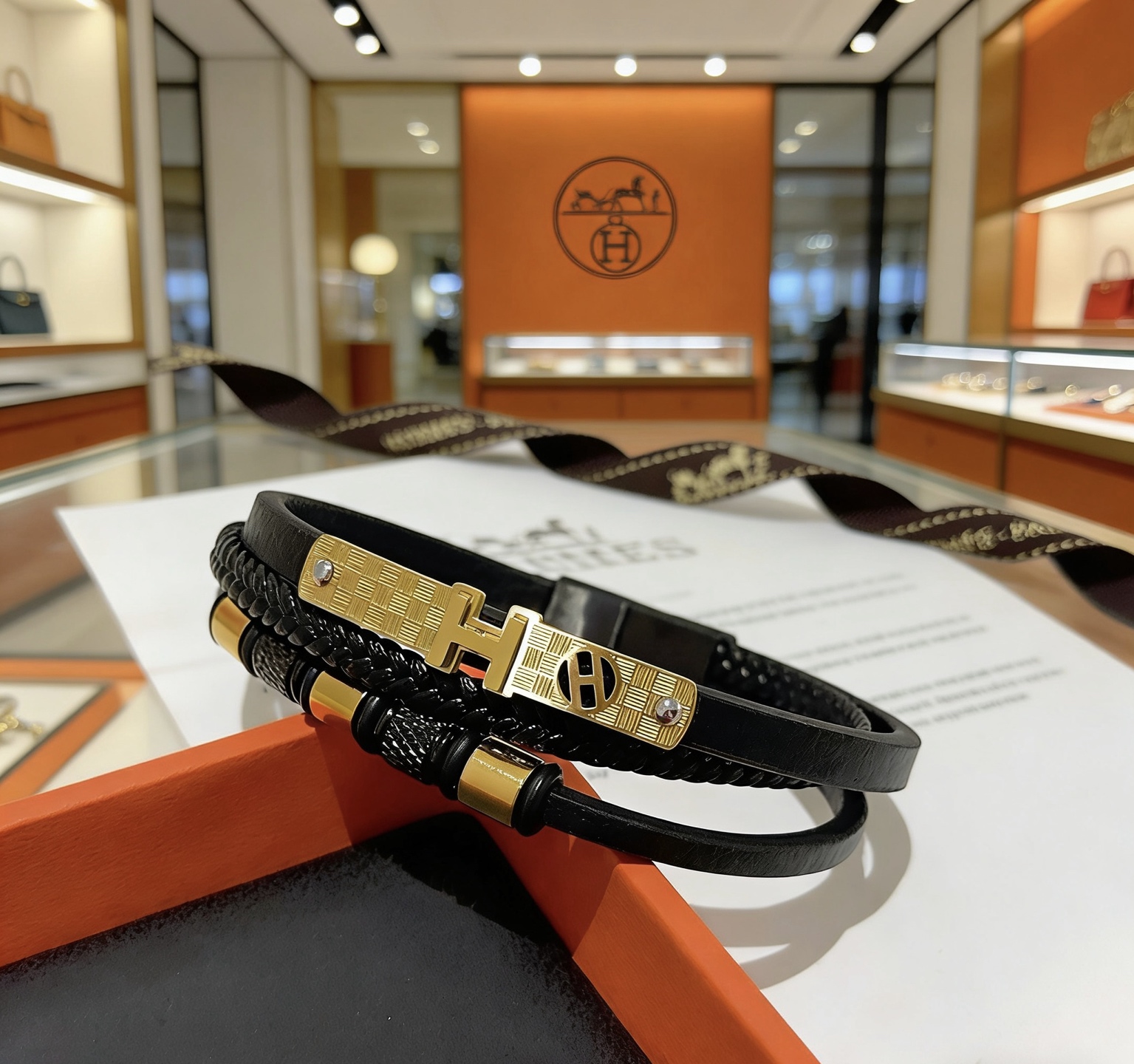 Hermes New H bracelet black leather gold-tone metal hardware 19cm