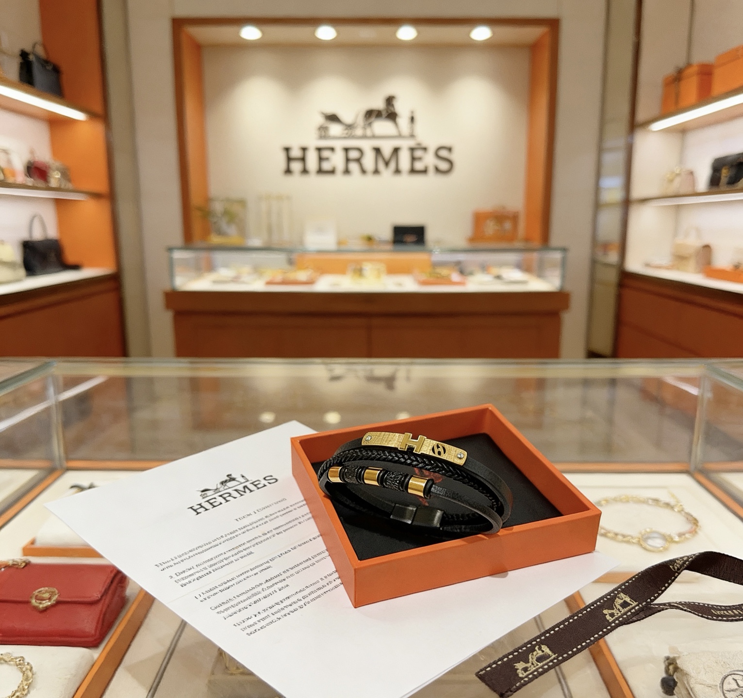 Hermes New H bracelet black leather gold-tone metal hardware 19cm