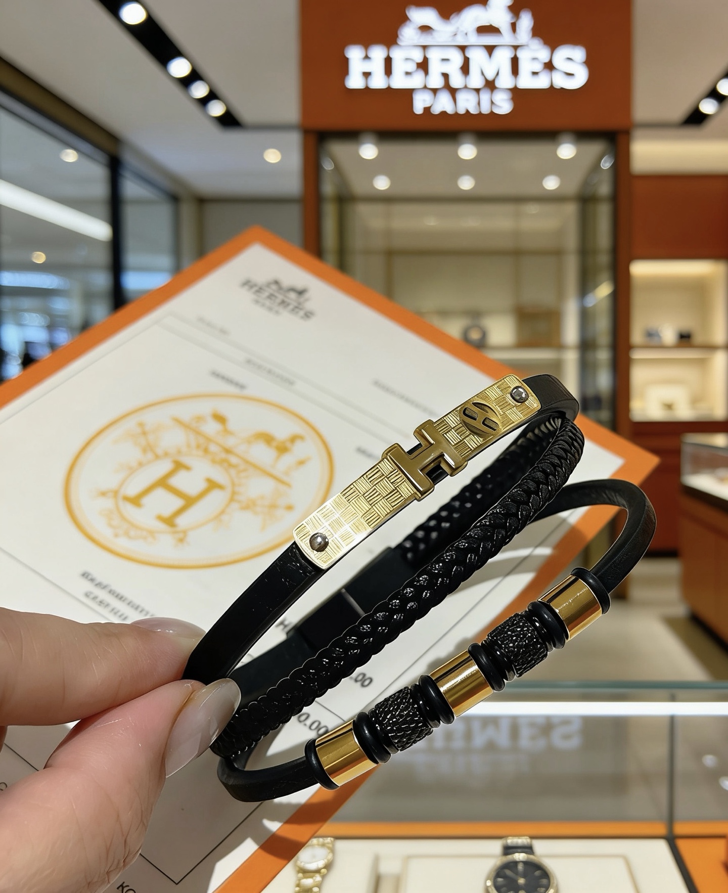 Hermes New H bracelet black leather gold-tone metal hardware 19cm