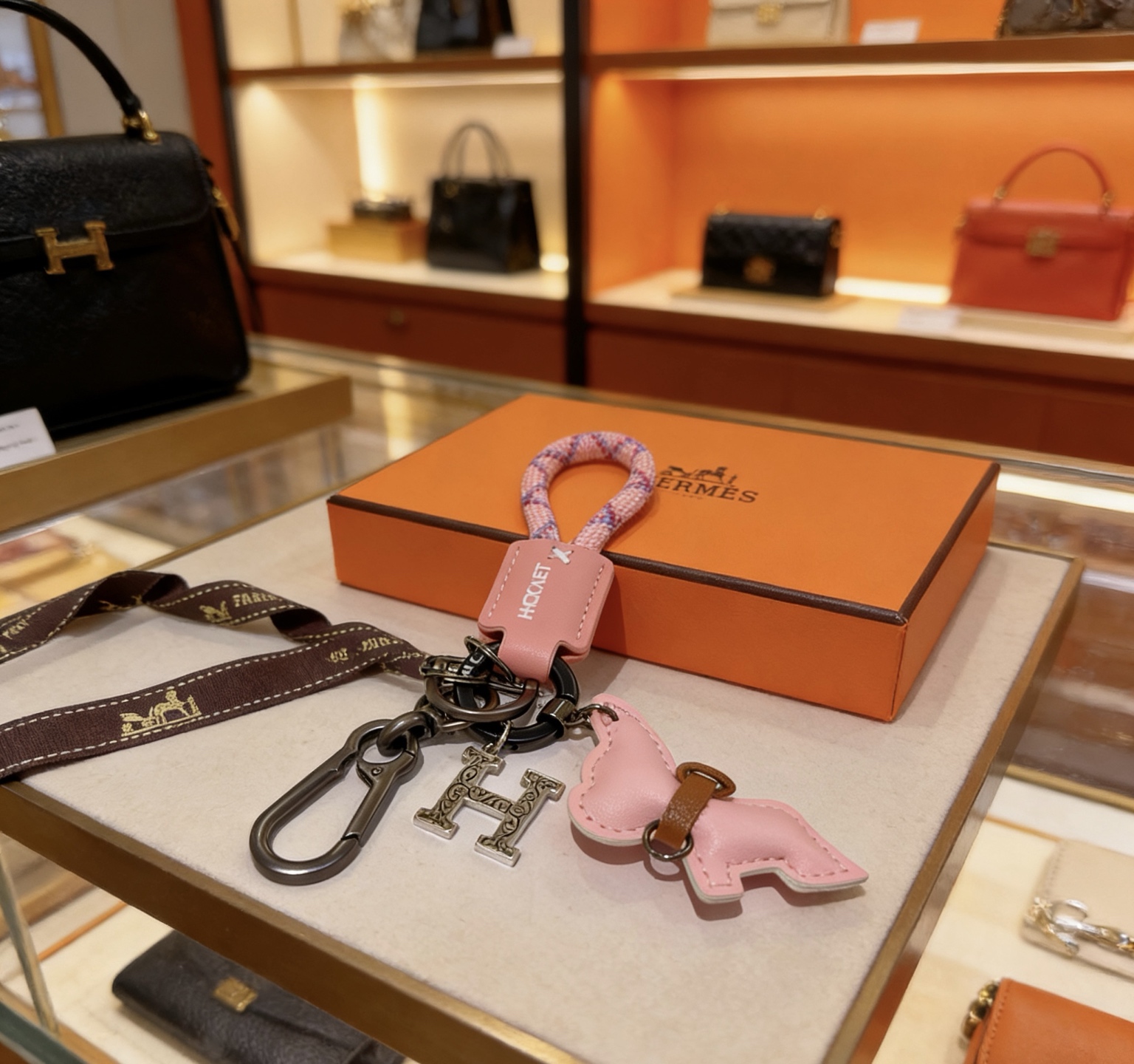 Hermes Buddy H Charm Keychain pendant Gunmetal silver-tone metal light pink leather pink-purple woven cord tan leather accent 10cm total length