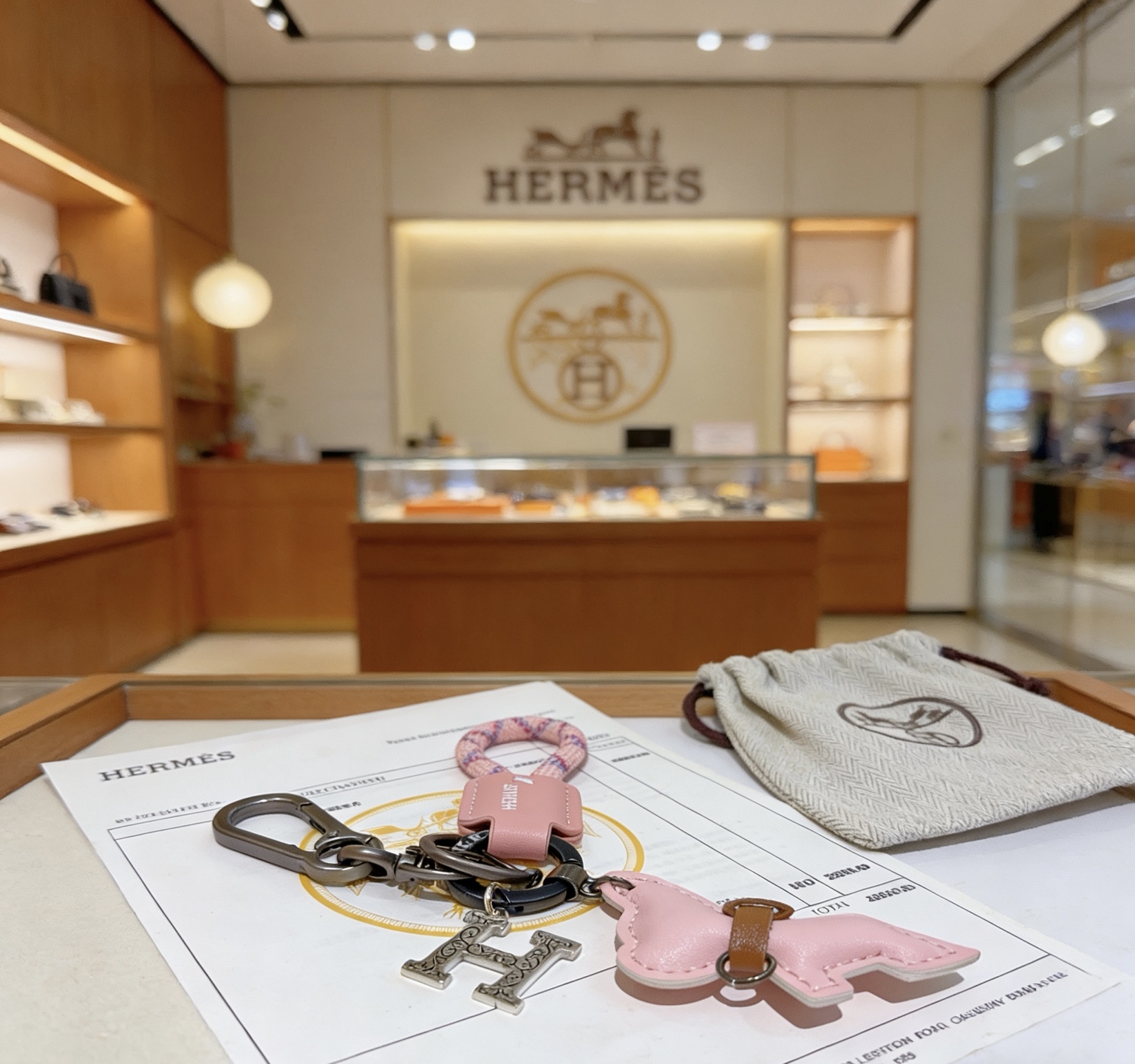 Hermes Buddy H Charm Porte-clés pendentif Gunmetal métal argenté cuir rose clair cordon tissé rose-violet accent cuir beige longueur totale 10 cm