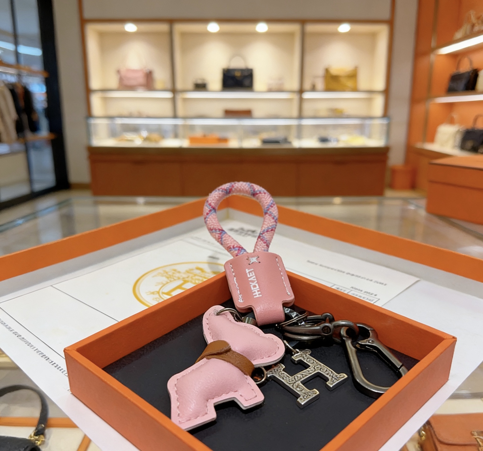 Hermes Buddy H Charm Keychain pendant Gunmetal silver-tone metal light pink leather pink-purple woven cord tan leather accent 10cm total length