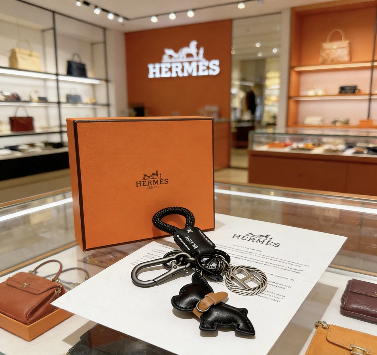 Hermes Bull Dog Charm Porte-clés pendentif Cordon tressé noir cuir noir accent cuir beige matériel argenté bronze à canon 10 cm longueur totale