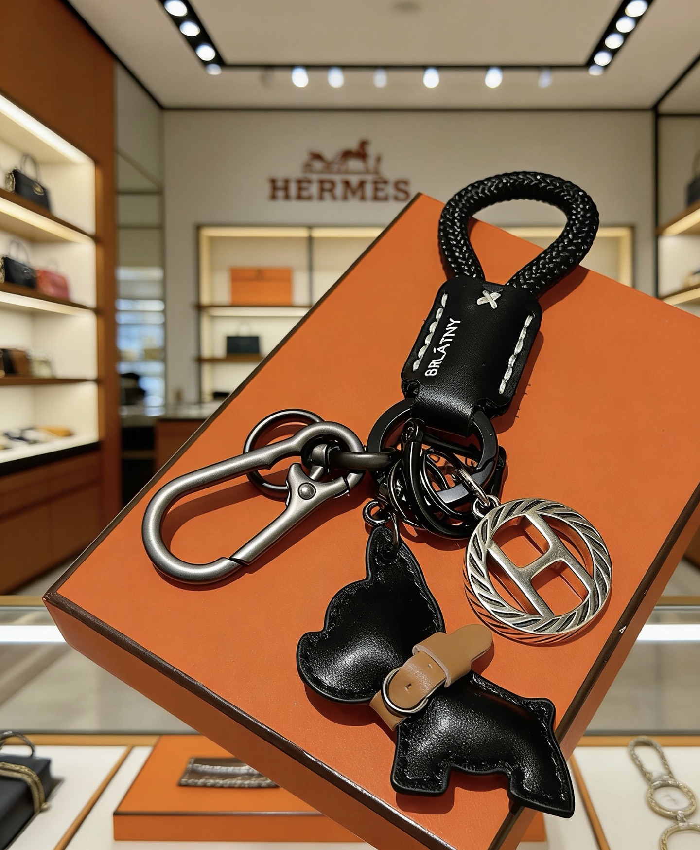 Hermes Bull Dog Charm Porte-clés pendentif Cordon tressé noir cuir noir accent cuir beige matériel argenté bronze à canon 10 cm longueur totale